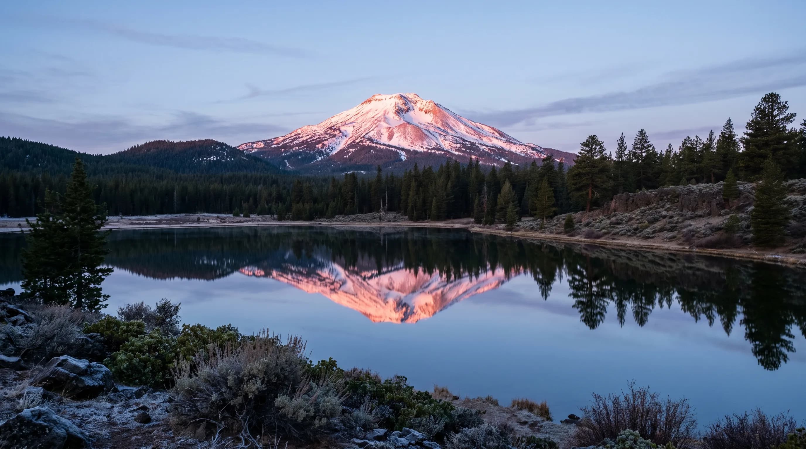 A snowy volcanic peak glowing pink with alpenglow above a dark forest and its reflection in a calm lake at dawn