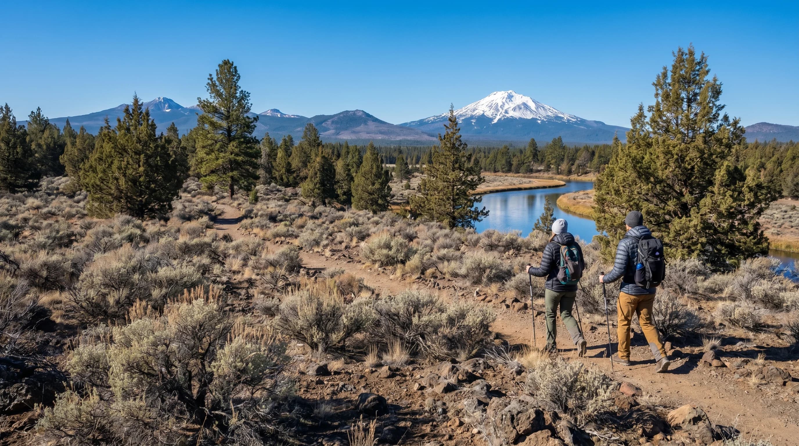 A clear blue-sky day in Bend with crisp views of the Cascades