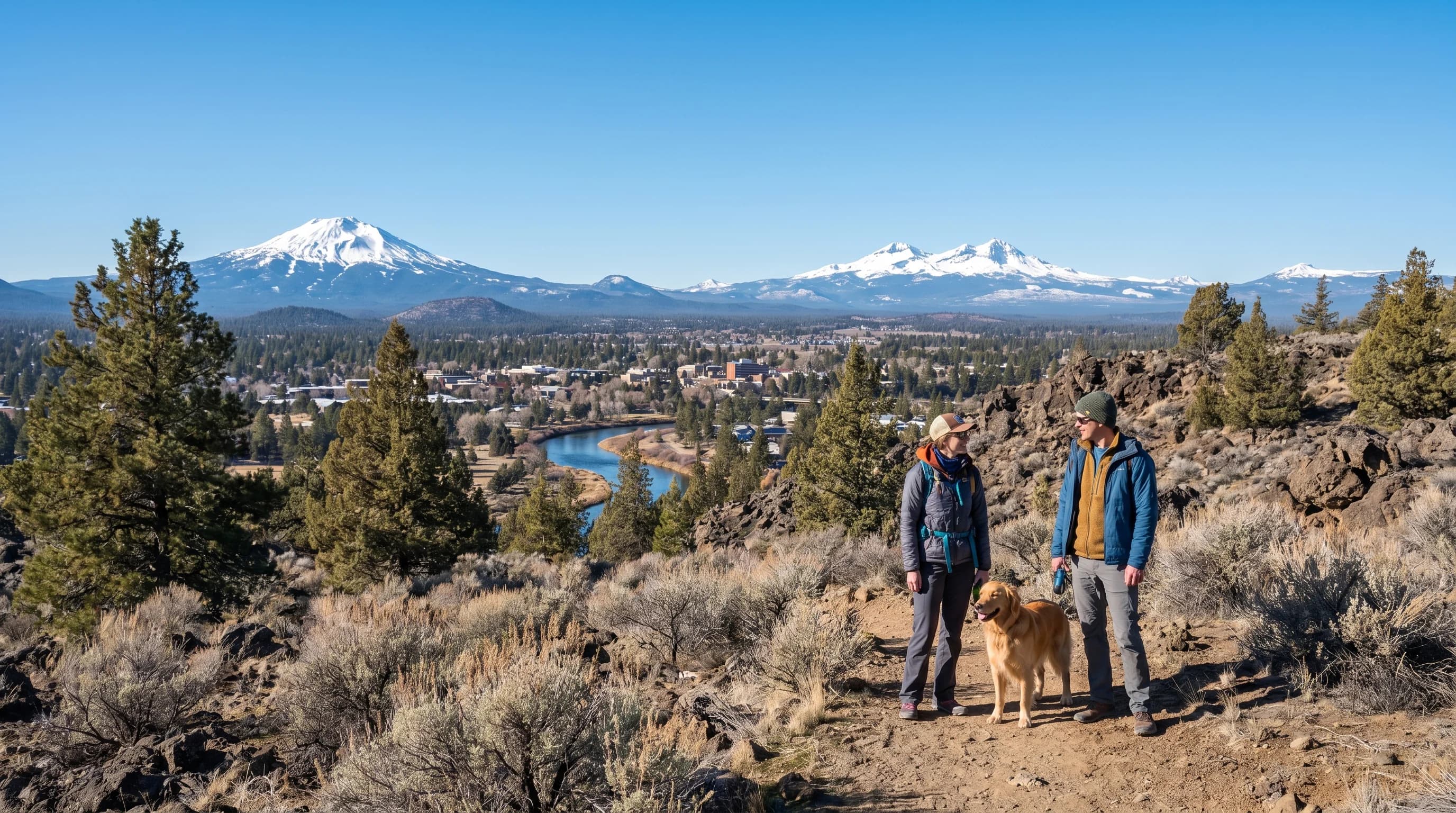 A clear blue-sky day in Bend with crisp views of the Cascades