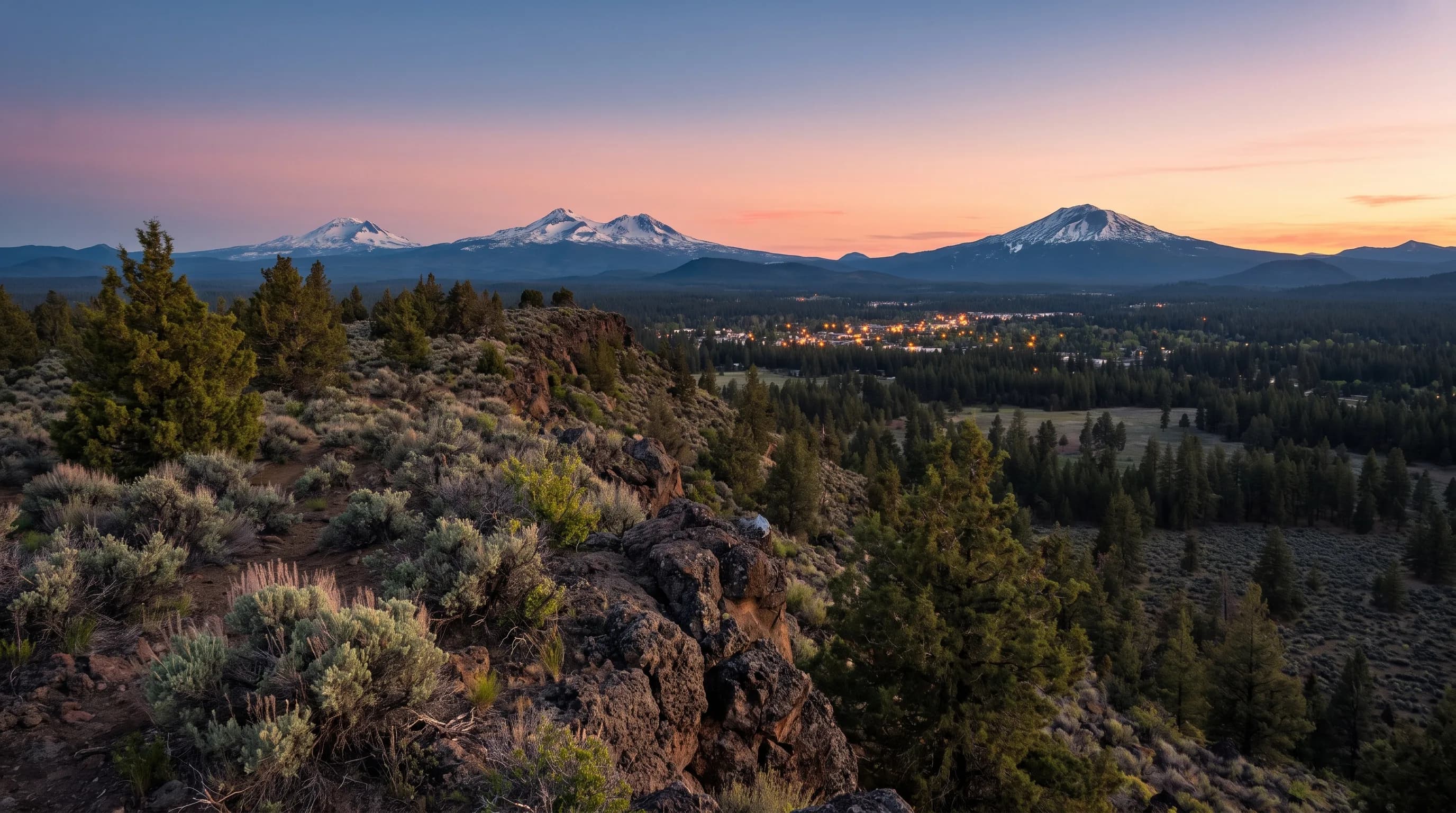 High-desert juniper and sage in the foreground with a small city and snowy Cascade peaks on the horizon at dusk