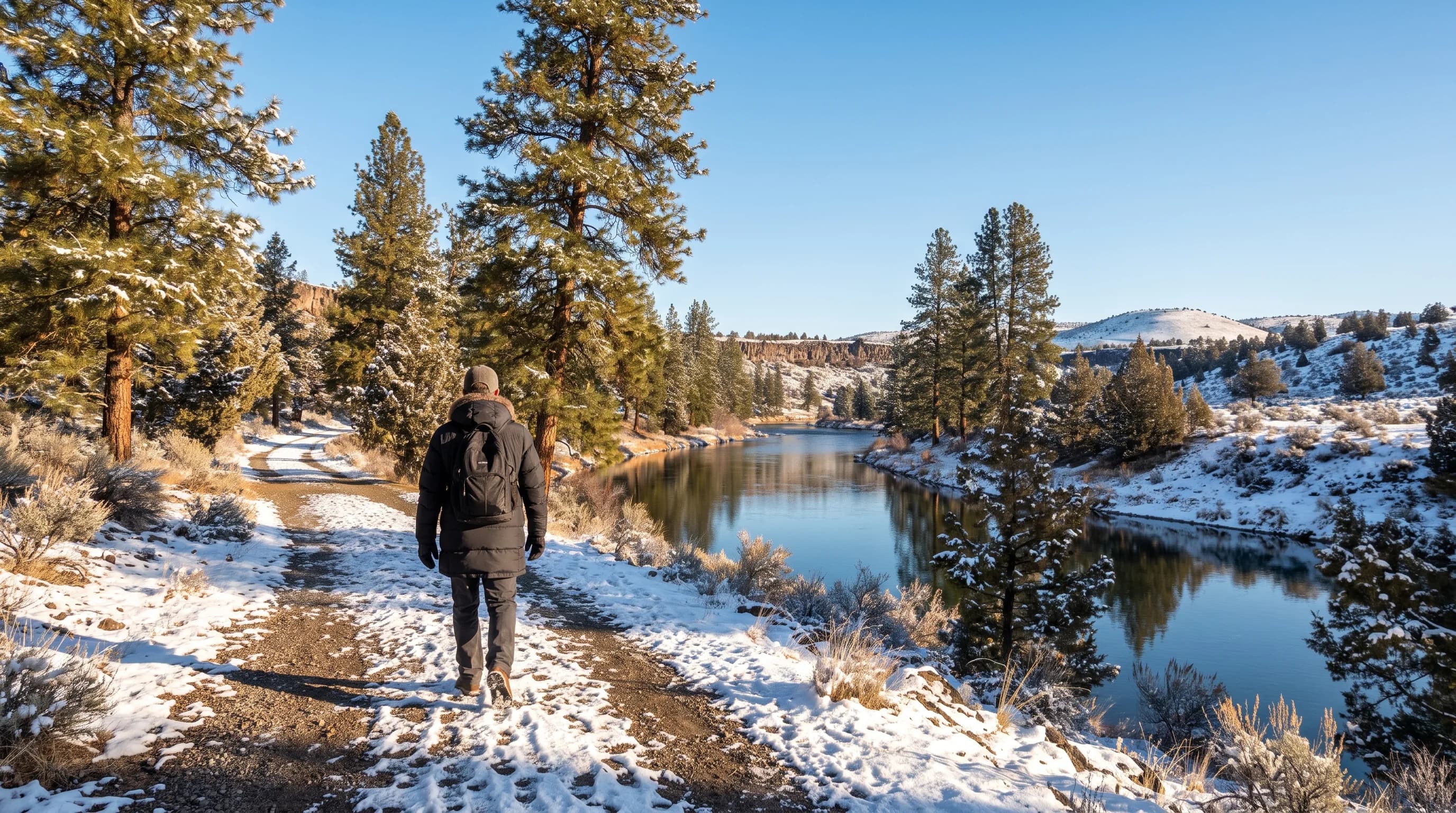 A riverside path with thin, melting snow under ponderosa pines on a bright, cold winter morning