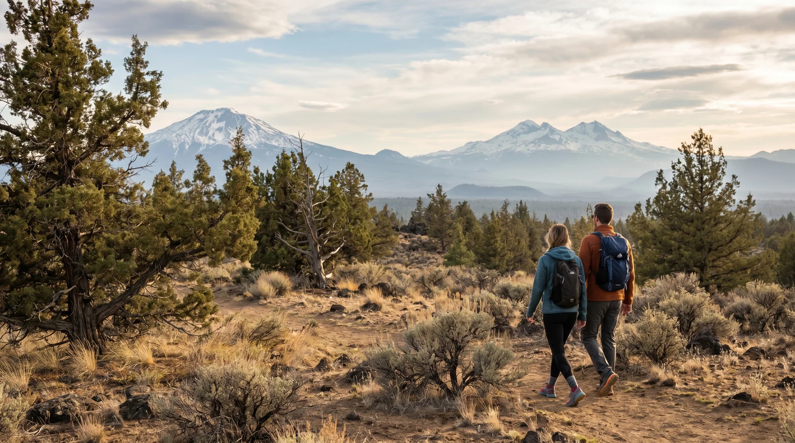 Dry high desert near Bend with juniper, sagebrush, and the snowy Cascades in the distance