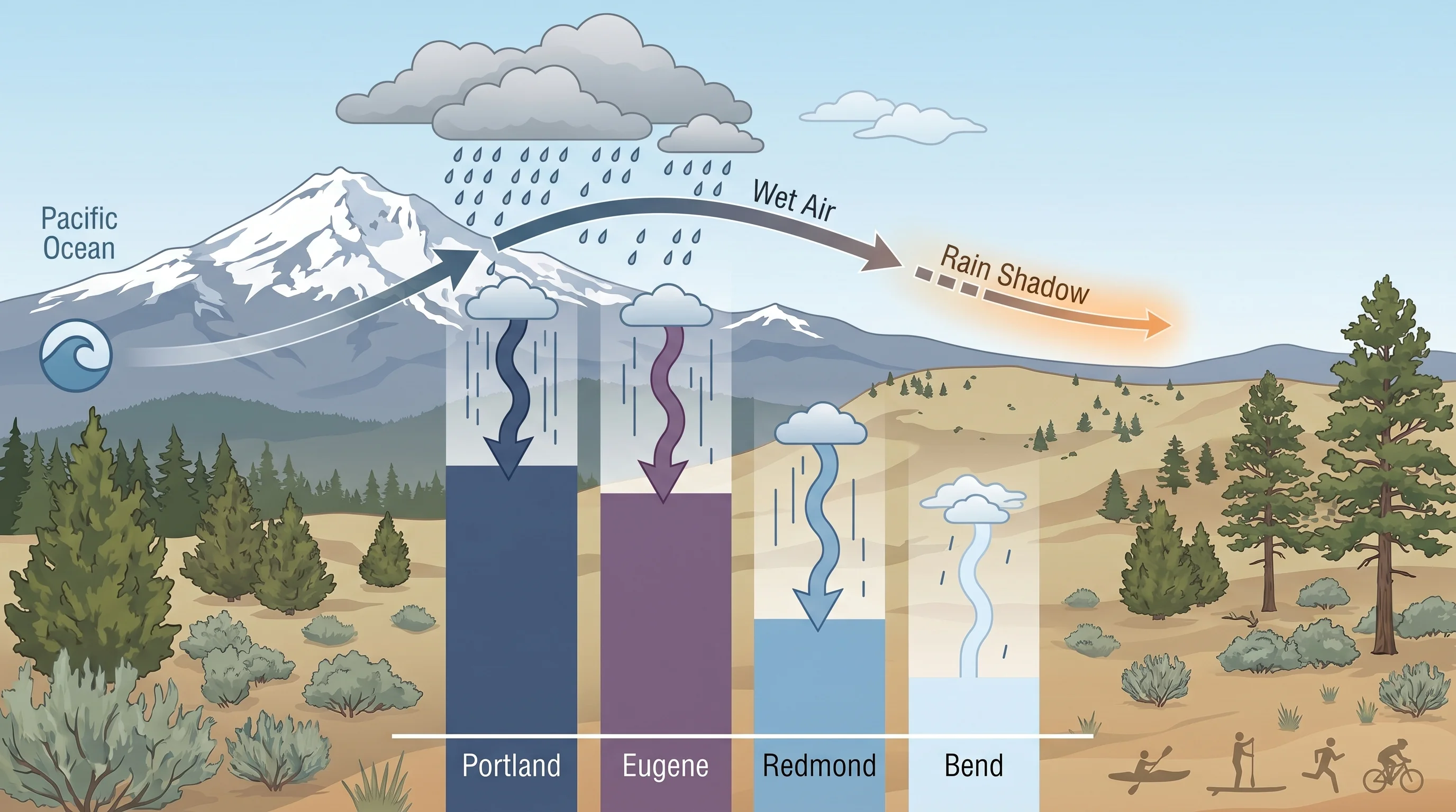Bar chart comparing annual rainfall for Bend, Redmond, Portland, and Eugene
