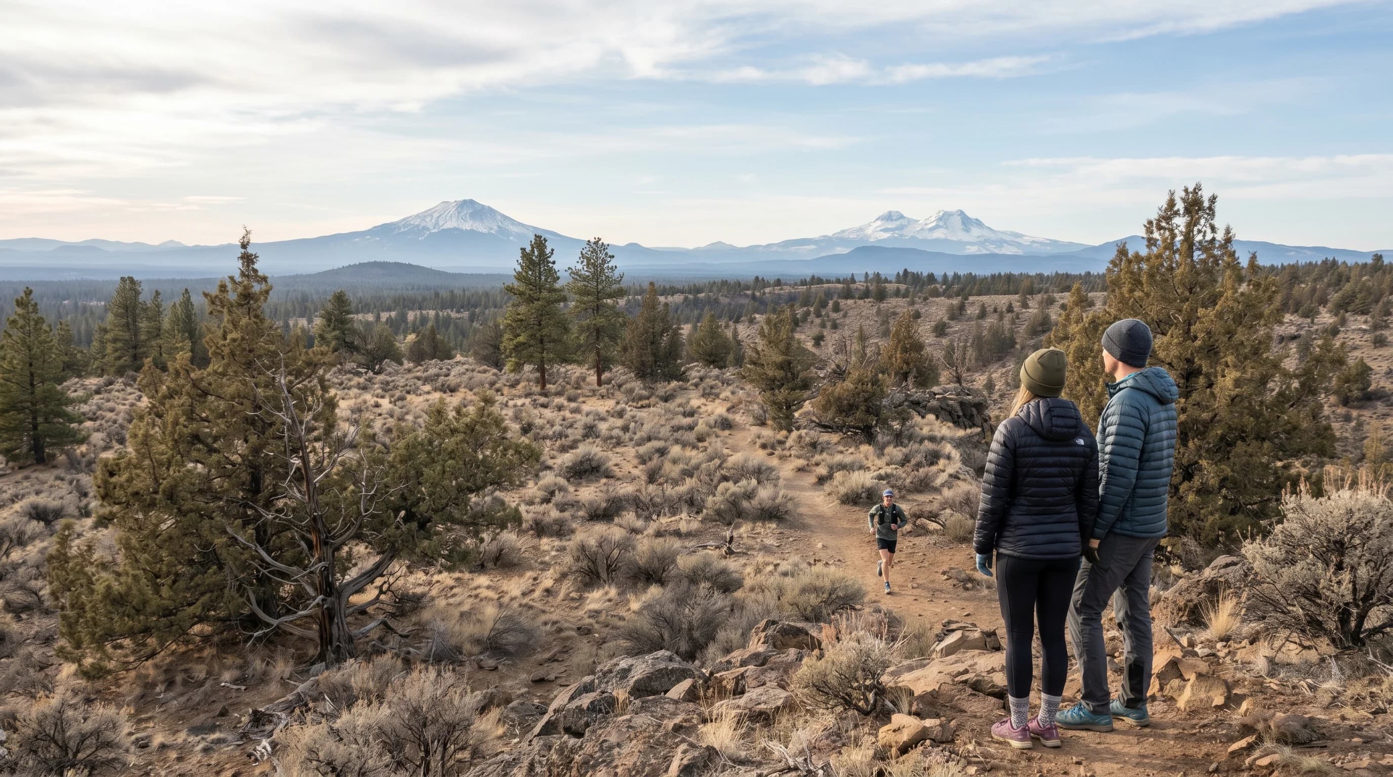 Dry high desert near Bend with juniper, sagebrush, and the snowy Cascades in the distance