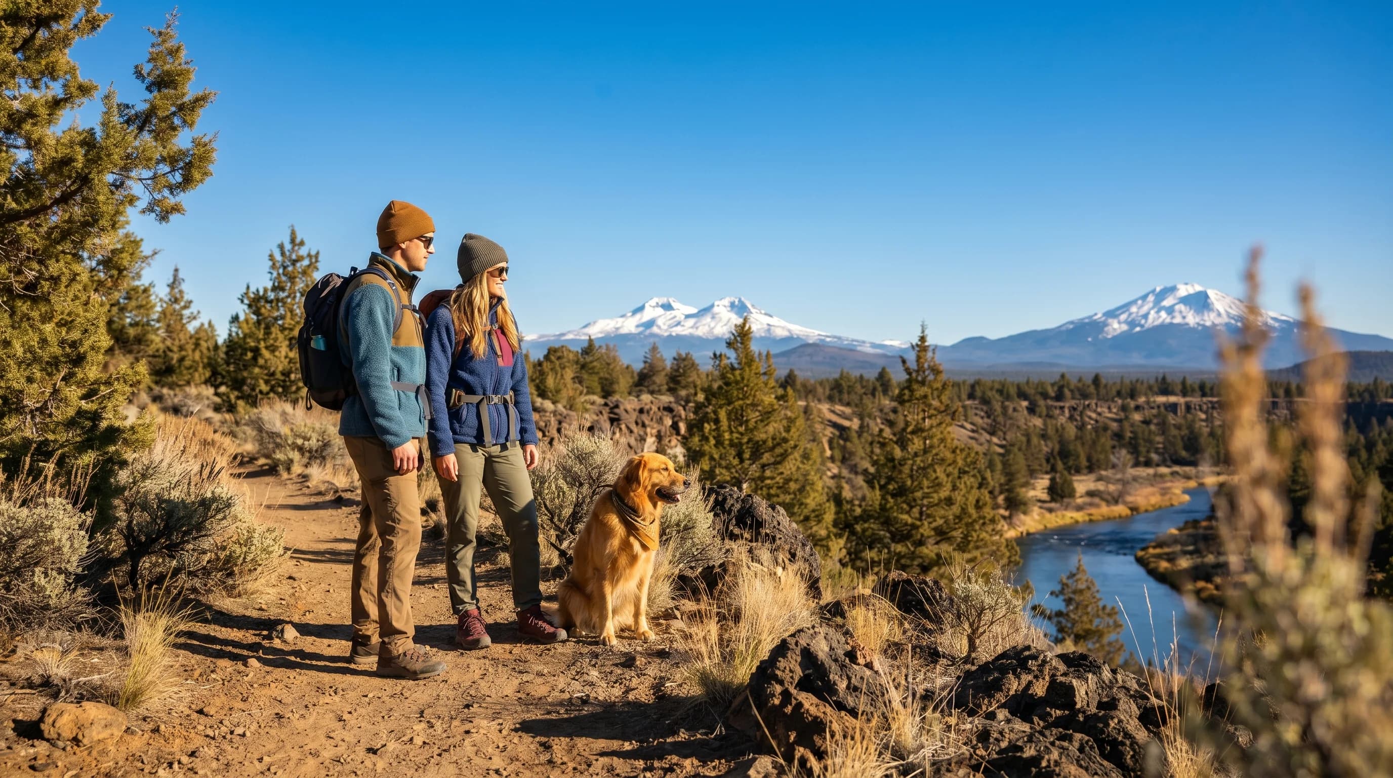 A brilliant cloudless blue-sky day over the Bend, Oregon high desert with snowy Cascades