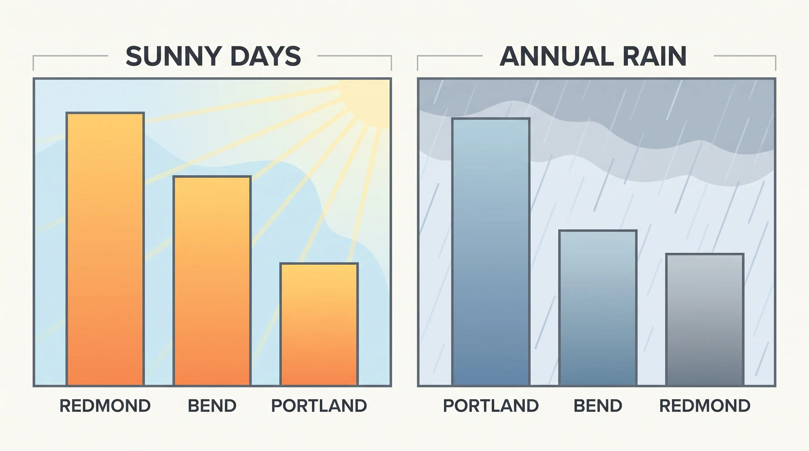 Bar chart comparing sunny days and rainfall for Bend, Redmond, and Portland