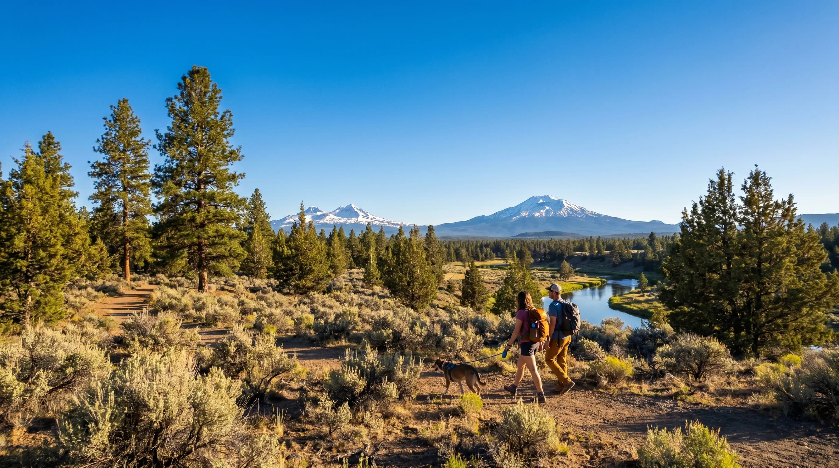 A brilliant cloudless blue-sky day over the Bend, Oregon high desert with snowy Cascades