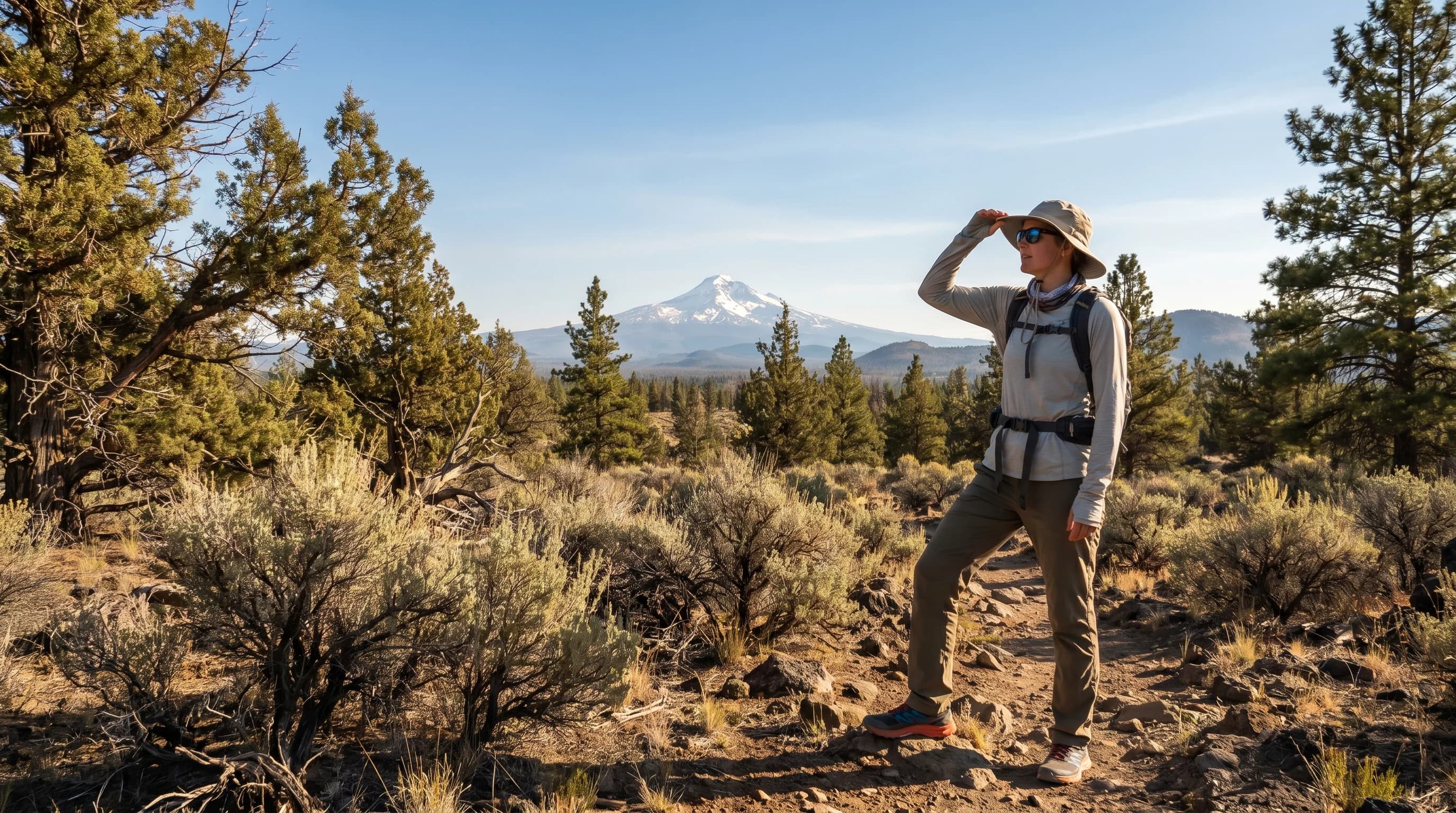 A hiker in a hat and sunglasses on an exposed sunny high-desert trail near Bend