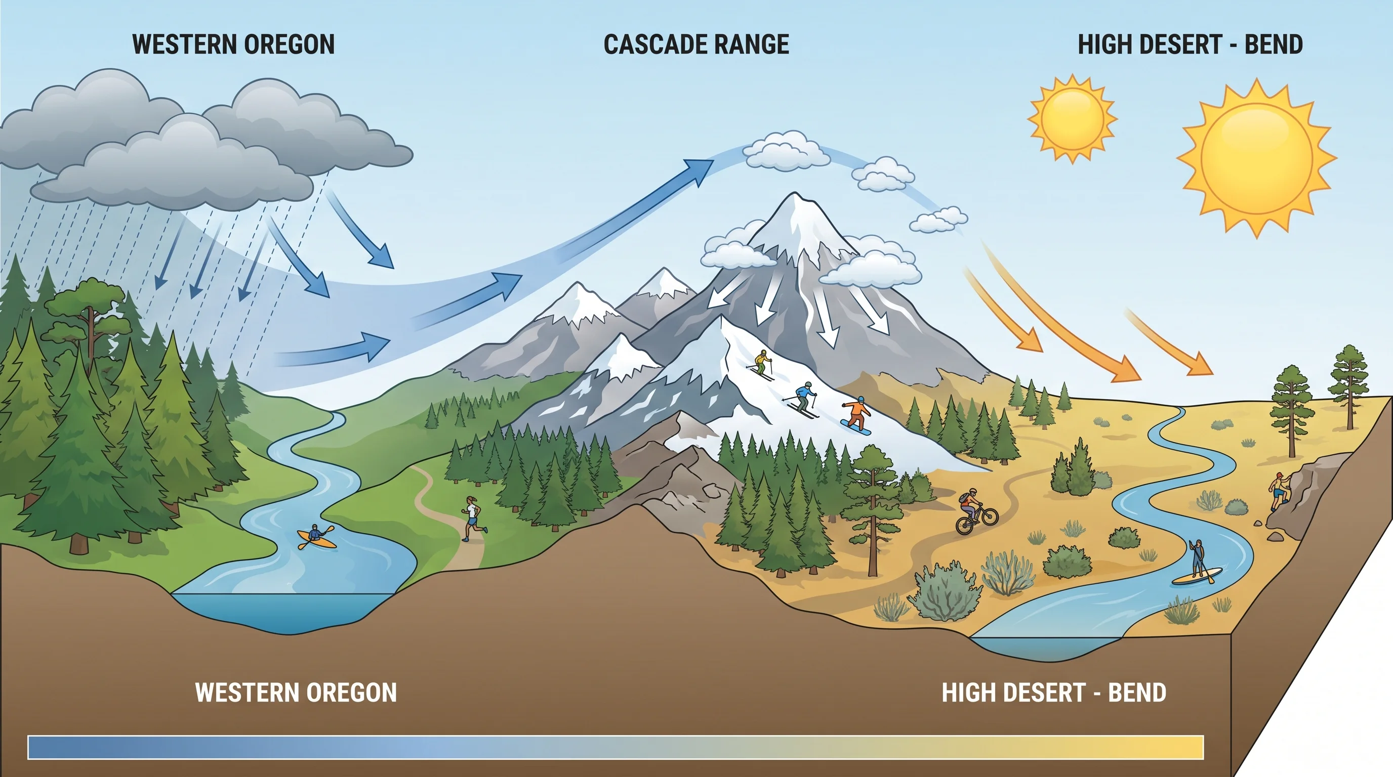 West-to-east cross-section of the Oregon Cascade rain shadow showing wet western Oregon and dry sunny Bend on the east side at about 3,600 feet