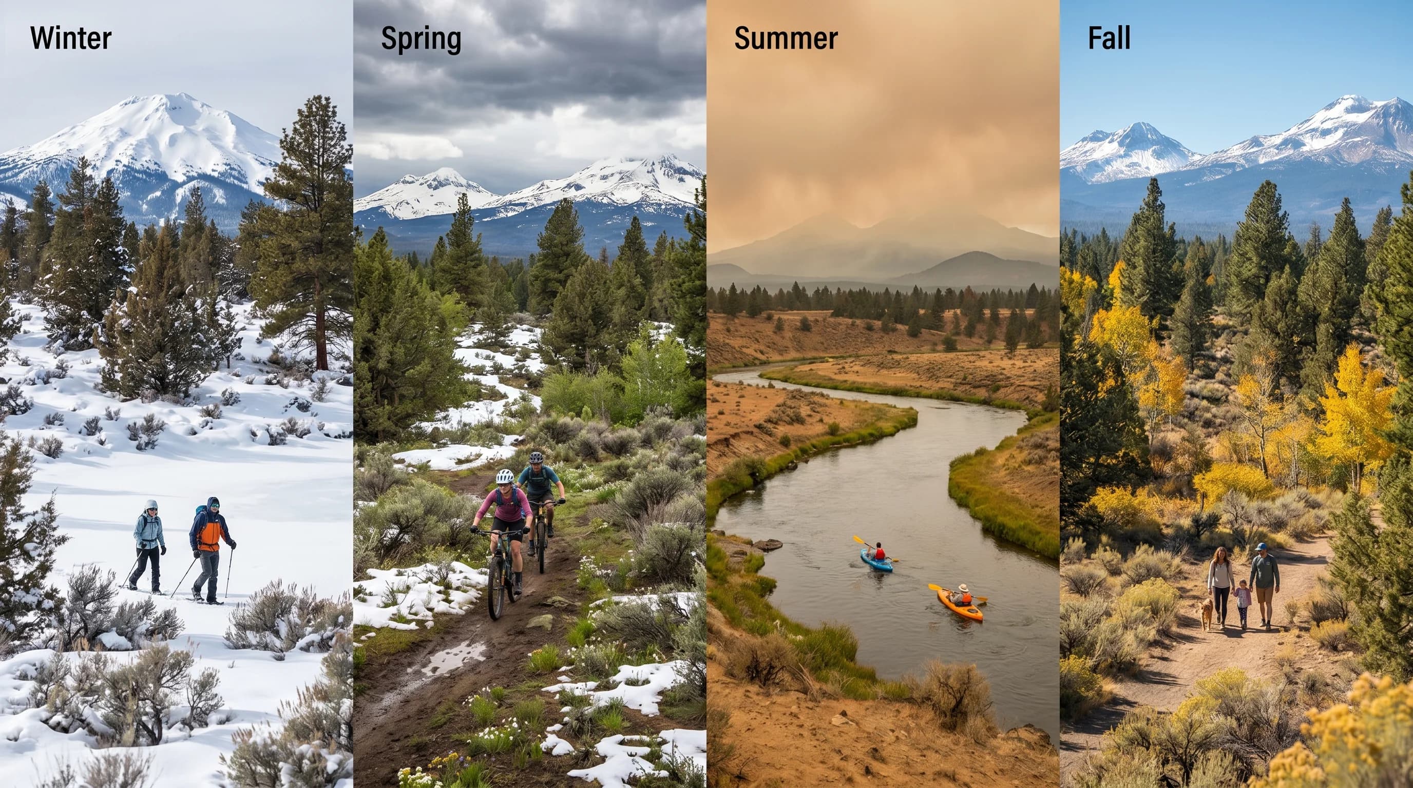 Four-season panel of the same Bend high desert scene showing winter snow, spring wind, summer smoke haze, and fall color