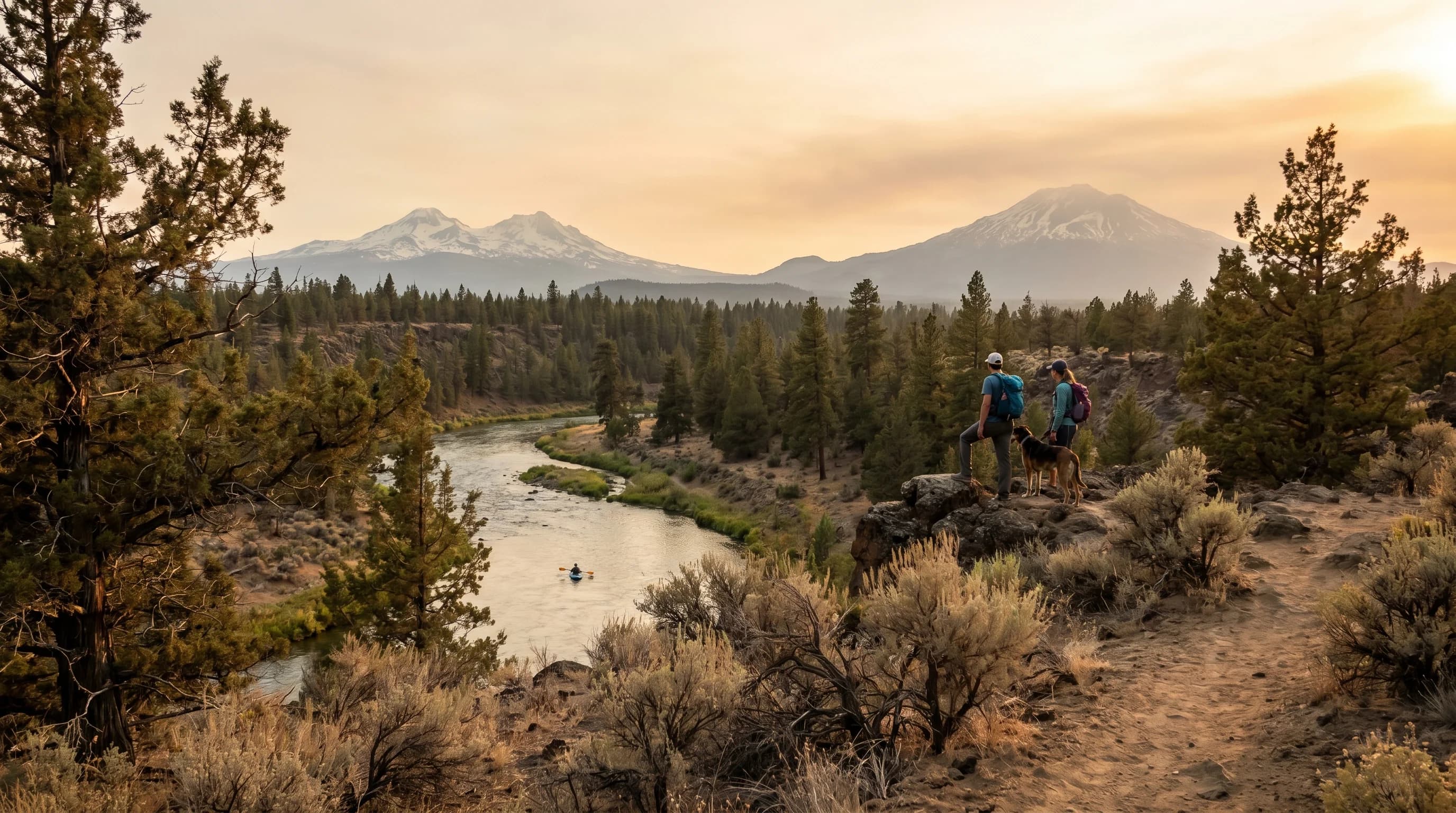 Bend, Oregon high desert in golden light with the Deschutes River and downtown below the snowy Three Sisters and Cascade peaks