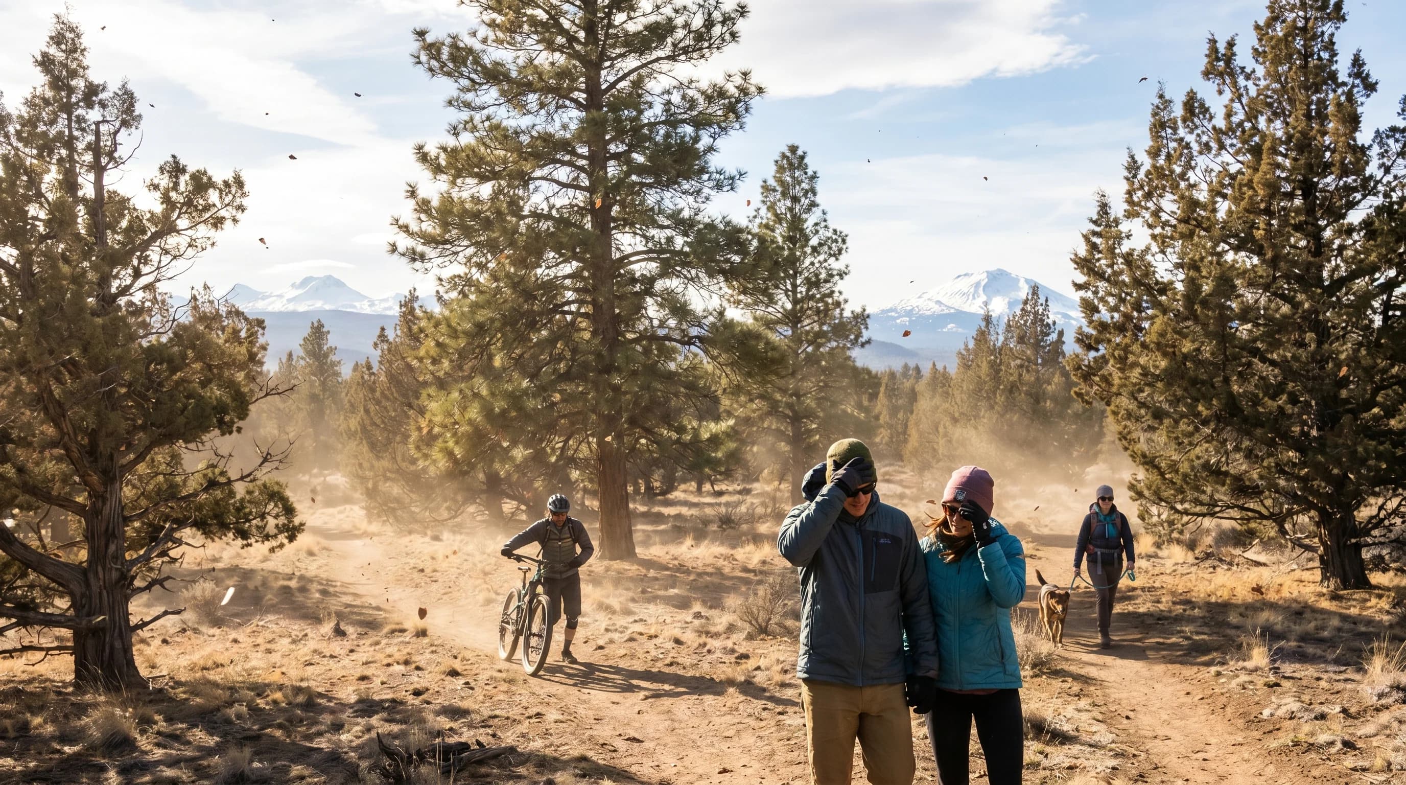 A gusty Bend afternoon with wind moving through pines and dust under a bright sky