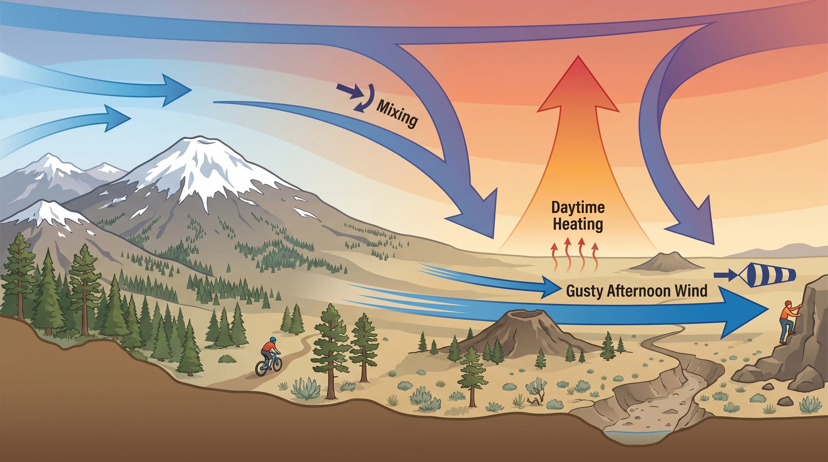Diagram of daytime mixing and terrain channeling producing gusty afternoon wind near Bend