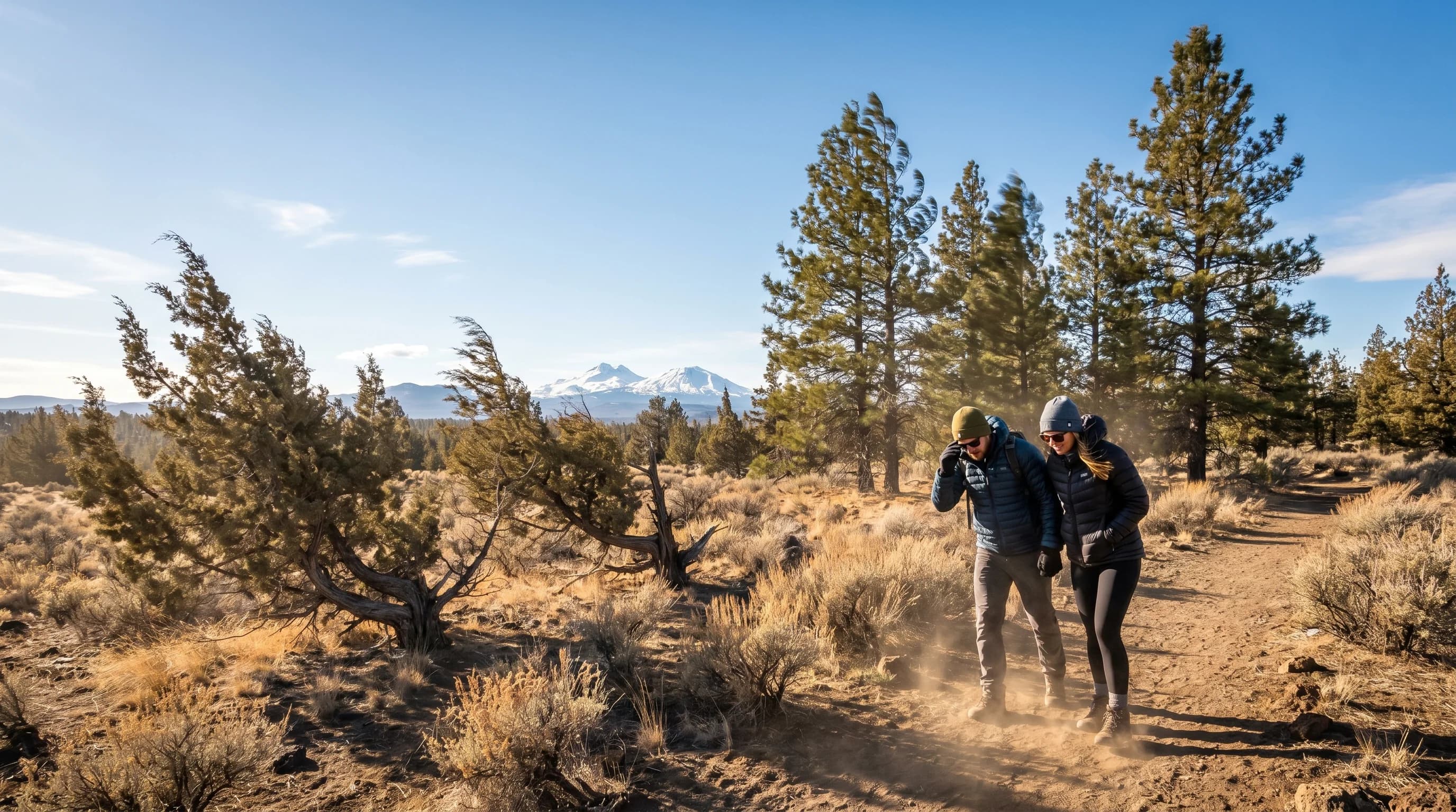 A gusty Bend afternoon with wind moving through pines and dust under a bright sky