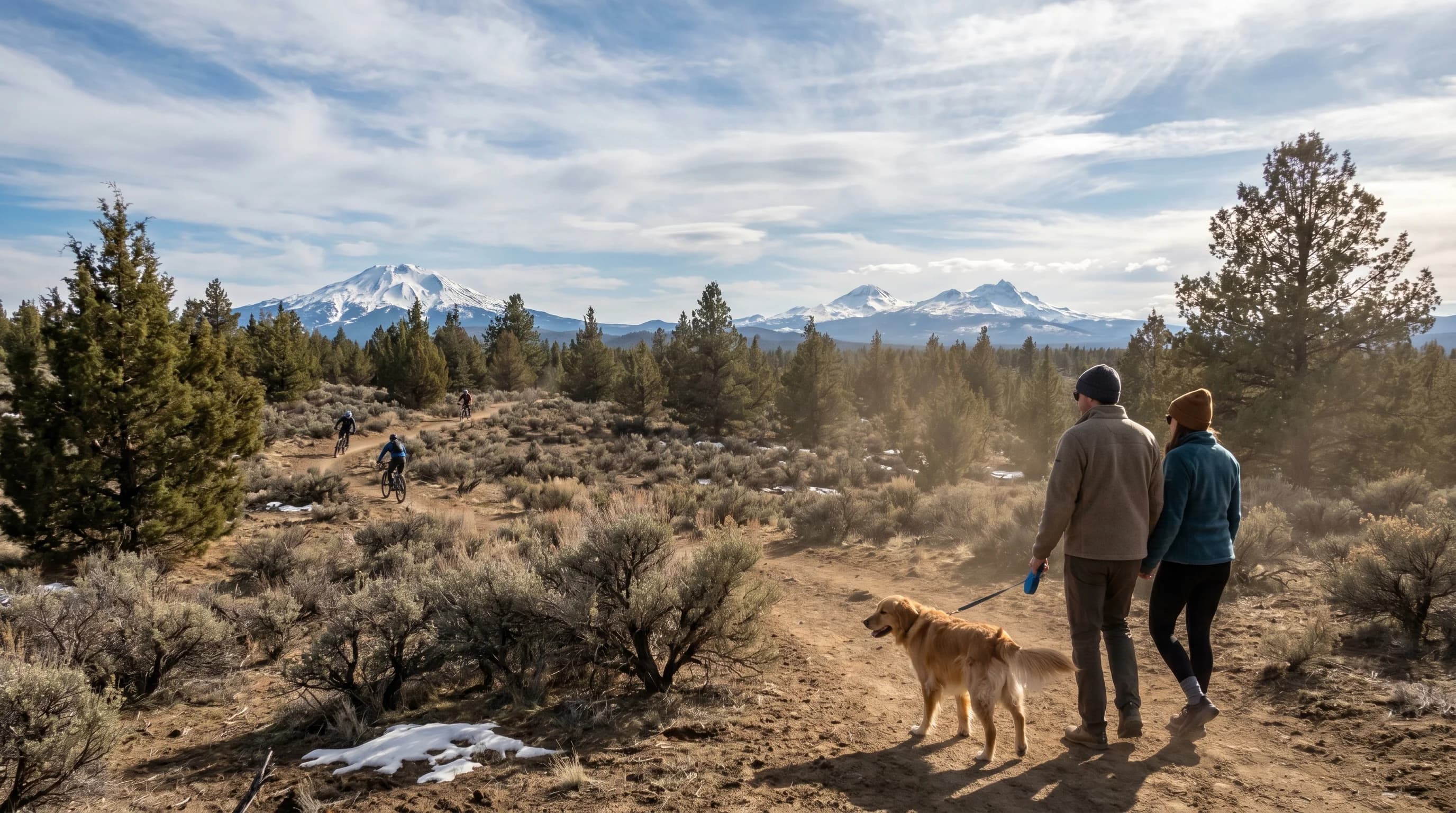 A breezy, sunny April day in Bend with drying trails and snow still on the Cascades