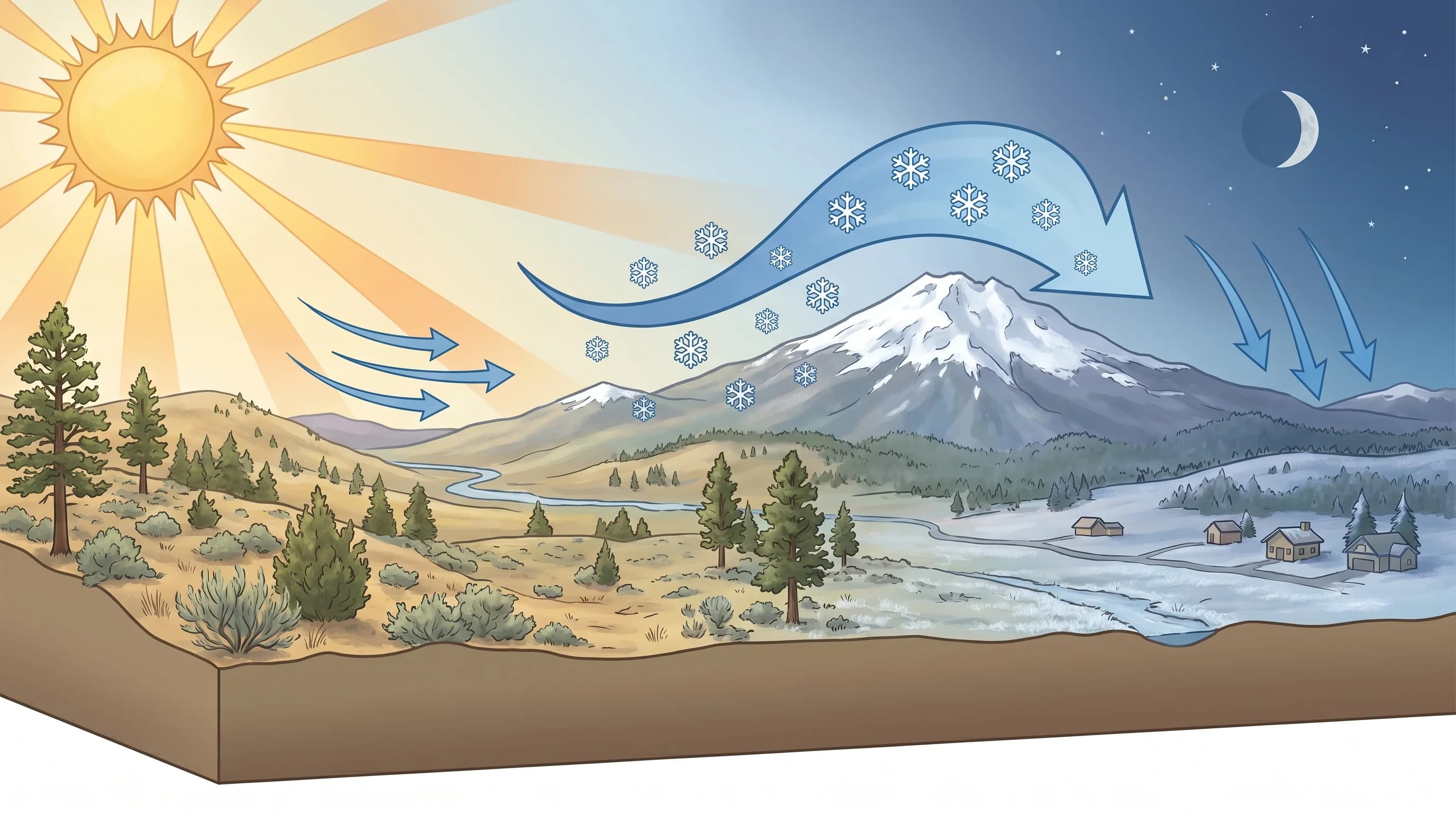Diagram showing April's mix of warm sun, cold nights, wind, and lingering snow-shower potential