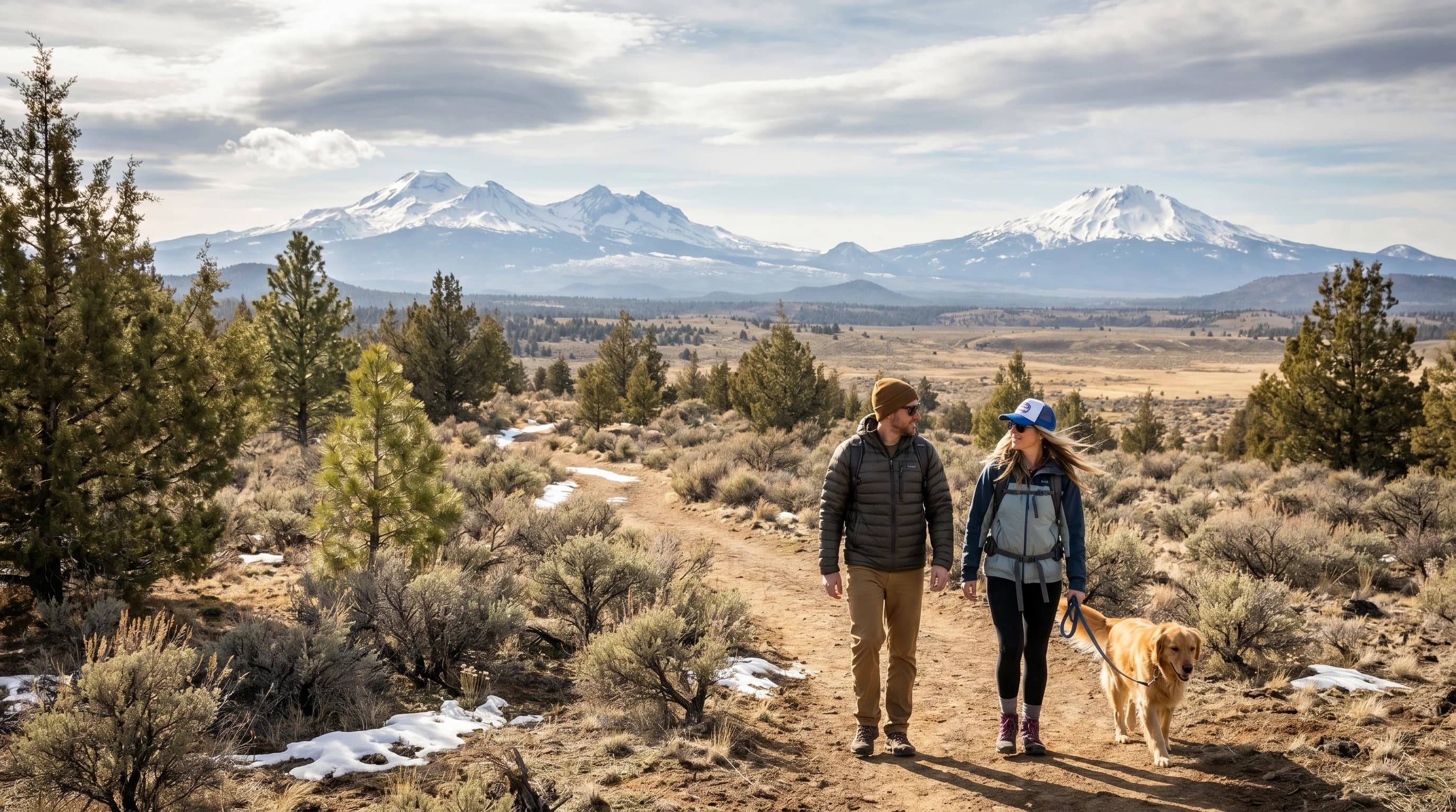 A breezy, sunny April day in Bend with drying trails and snow still on the Cascades