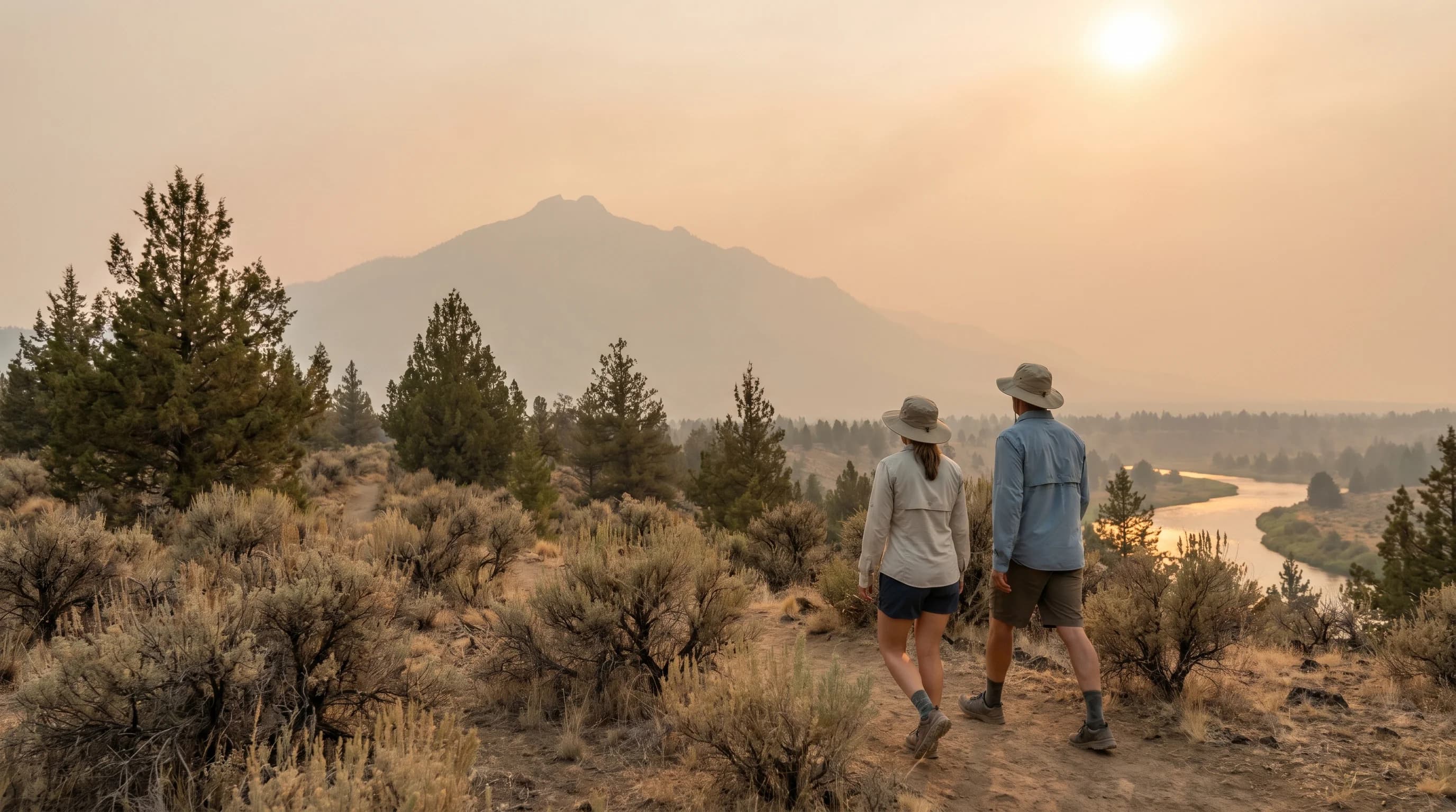 A hazy late-summer August afternoon in Bend with low sun through smoke