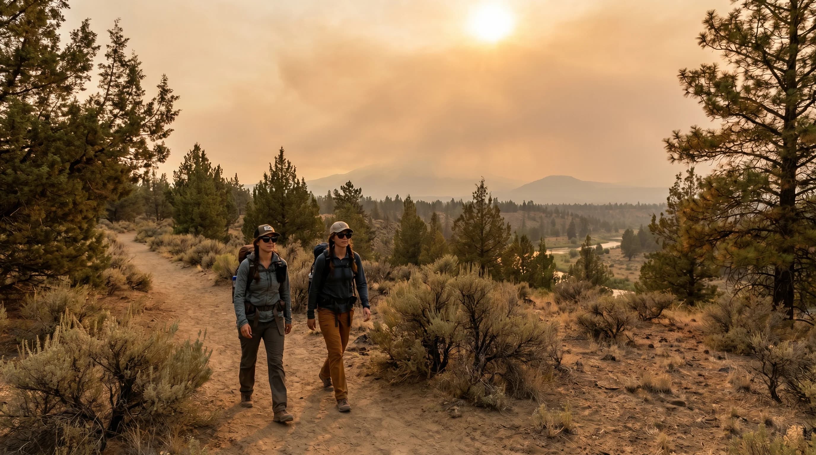 A hazy late-summer August afternoon in Bend with low sun through smoke