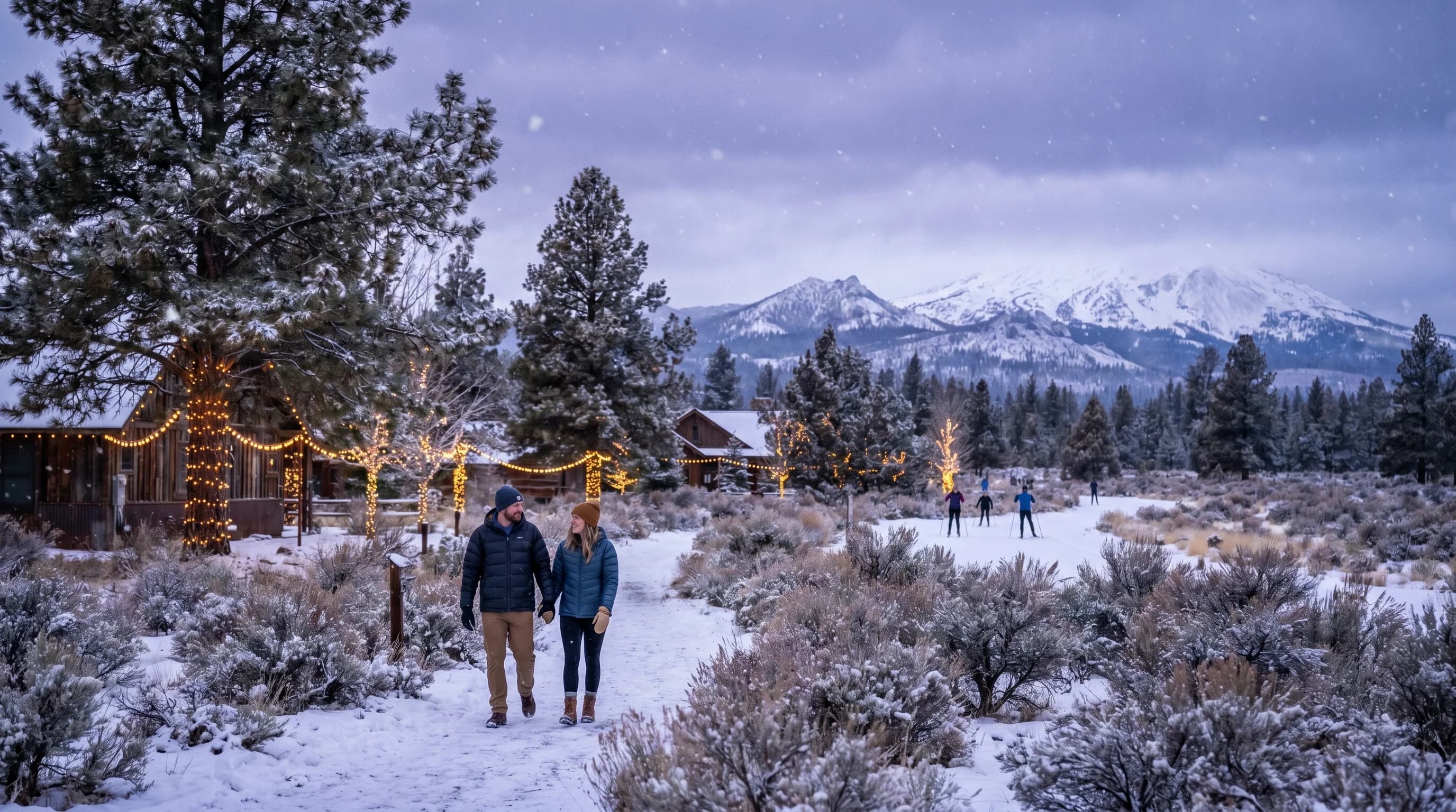 A snowy December evening in Bend with holiday lights and the Cascades behind