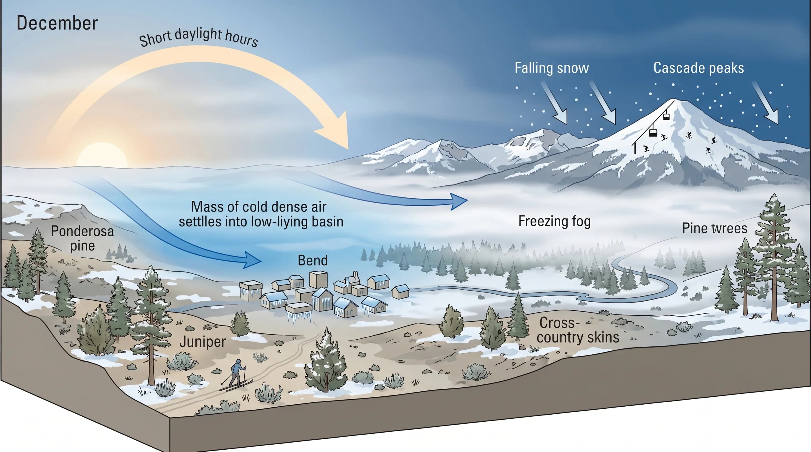 Diagram of a December day in Bend with short daylight, cold-air pooling, freezing fog, and mountain snow