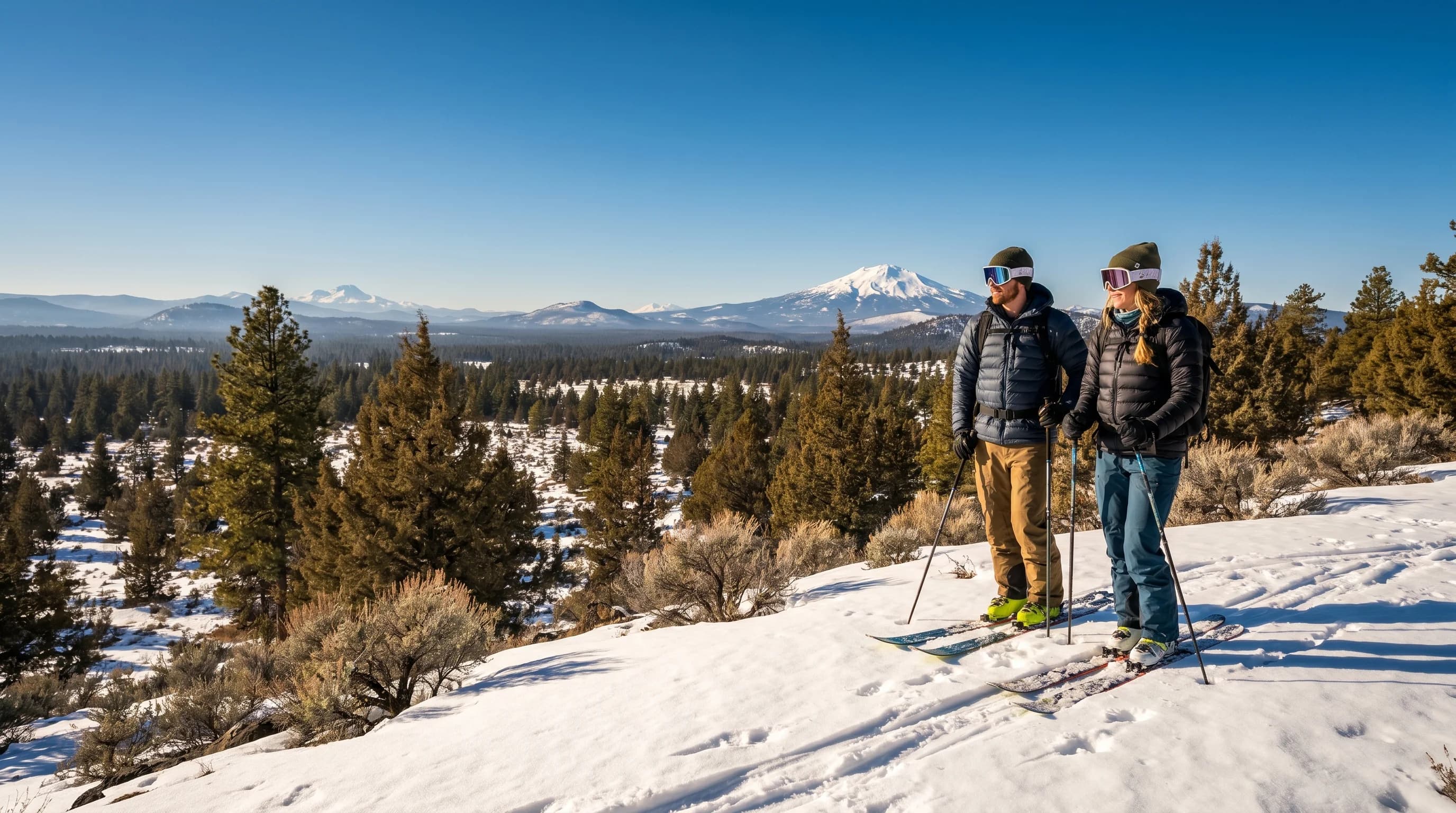 A sunny February ski day with fresh snow and blue sky near Bend