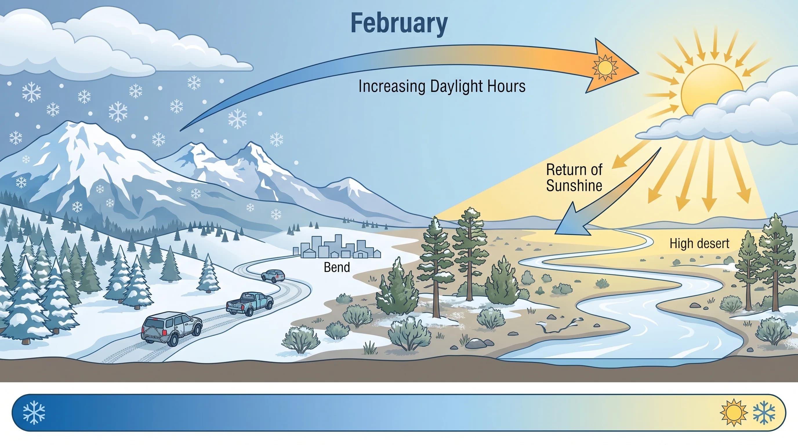Diagram of typical Bend February weather with cold temperatures, snow, and increasing daylight