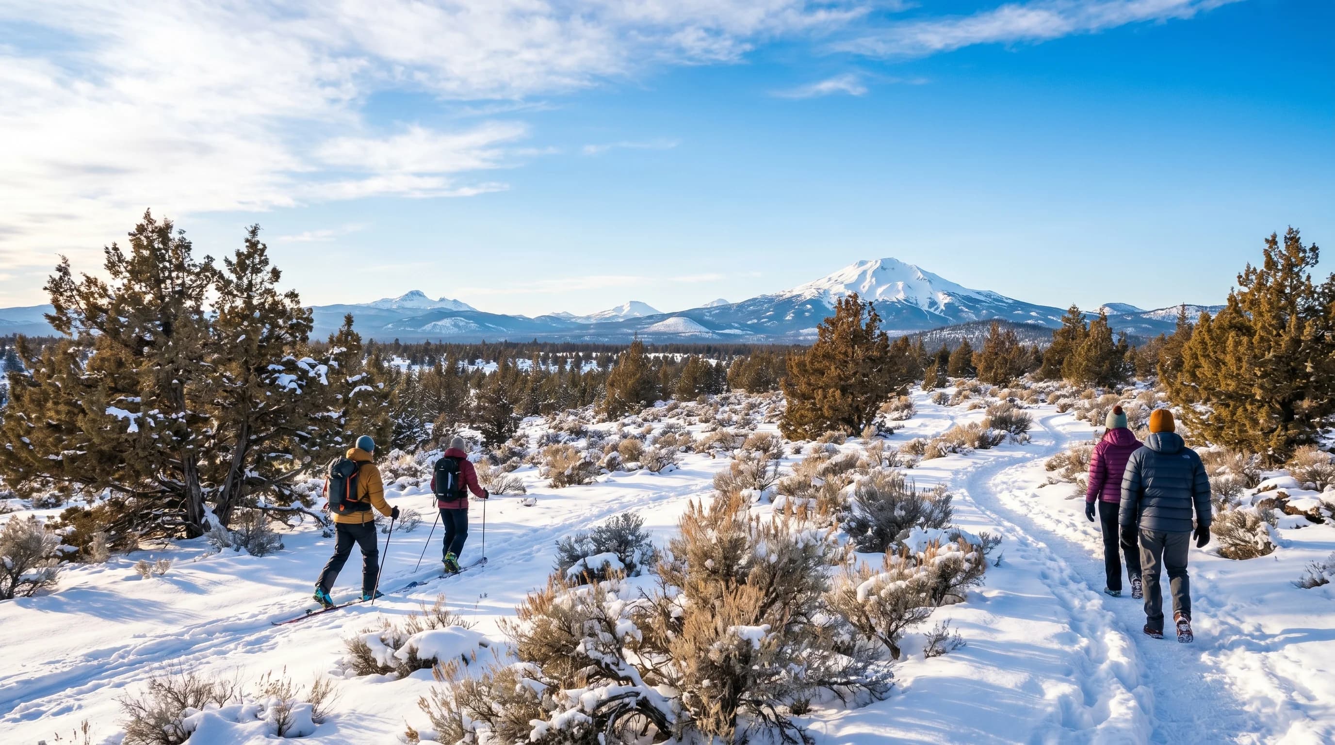 A sunny February ski day with fresh snow and blue sky near Bend