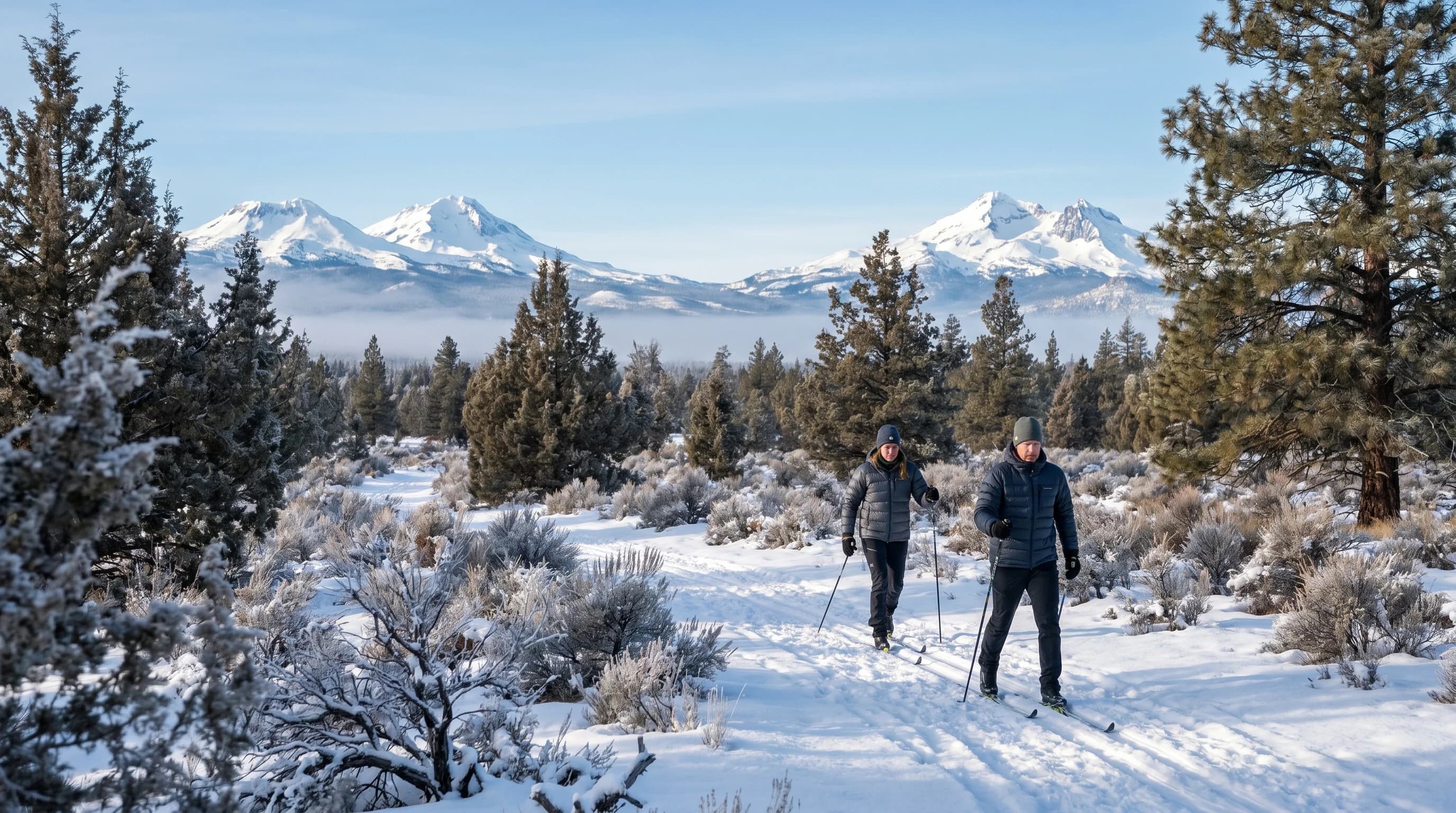 A cold bright January day in Bend with snow on the ground and the snowy Cascades behind