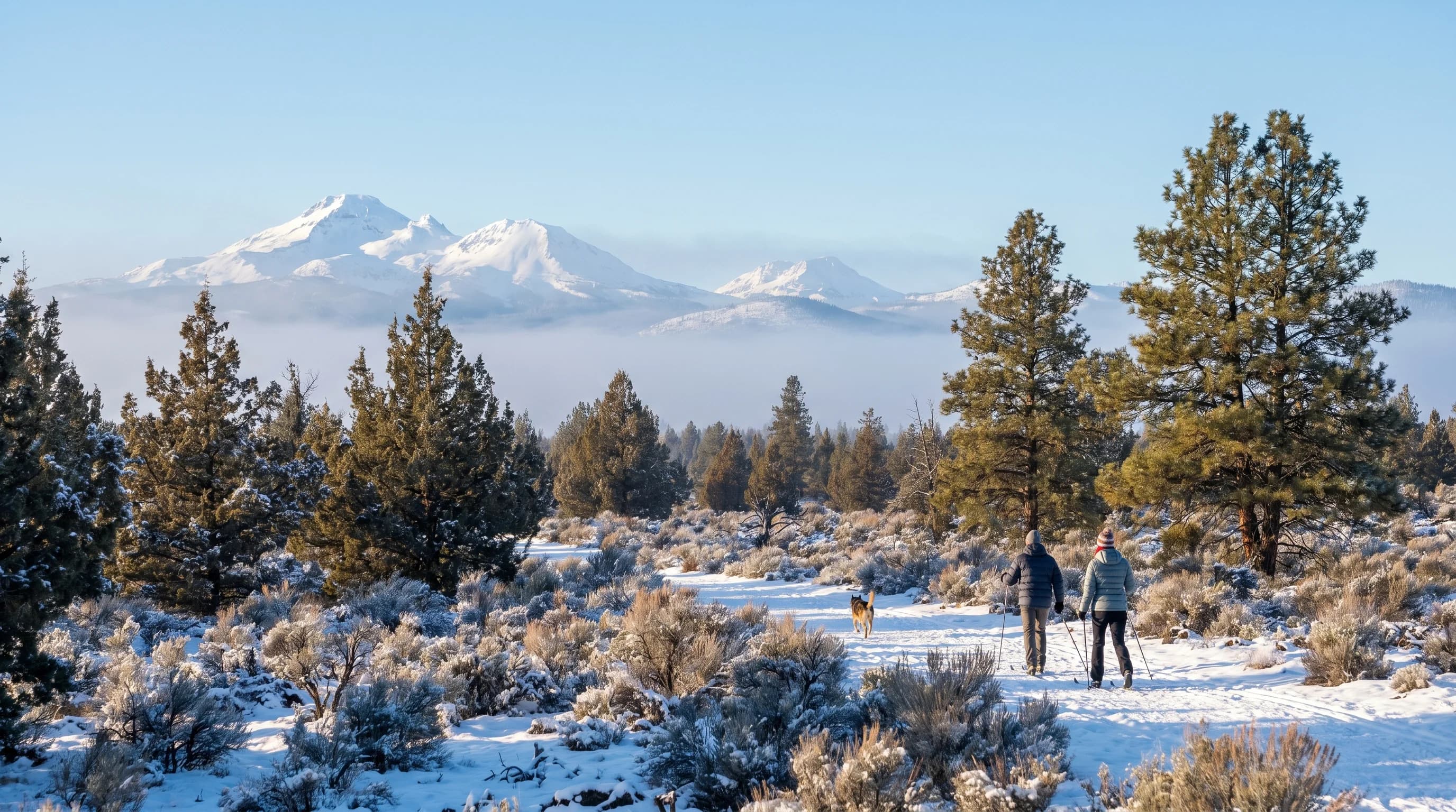 A cold bright January day in Bend with snow on the ground and the snowy Cascades behind