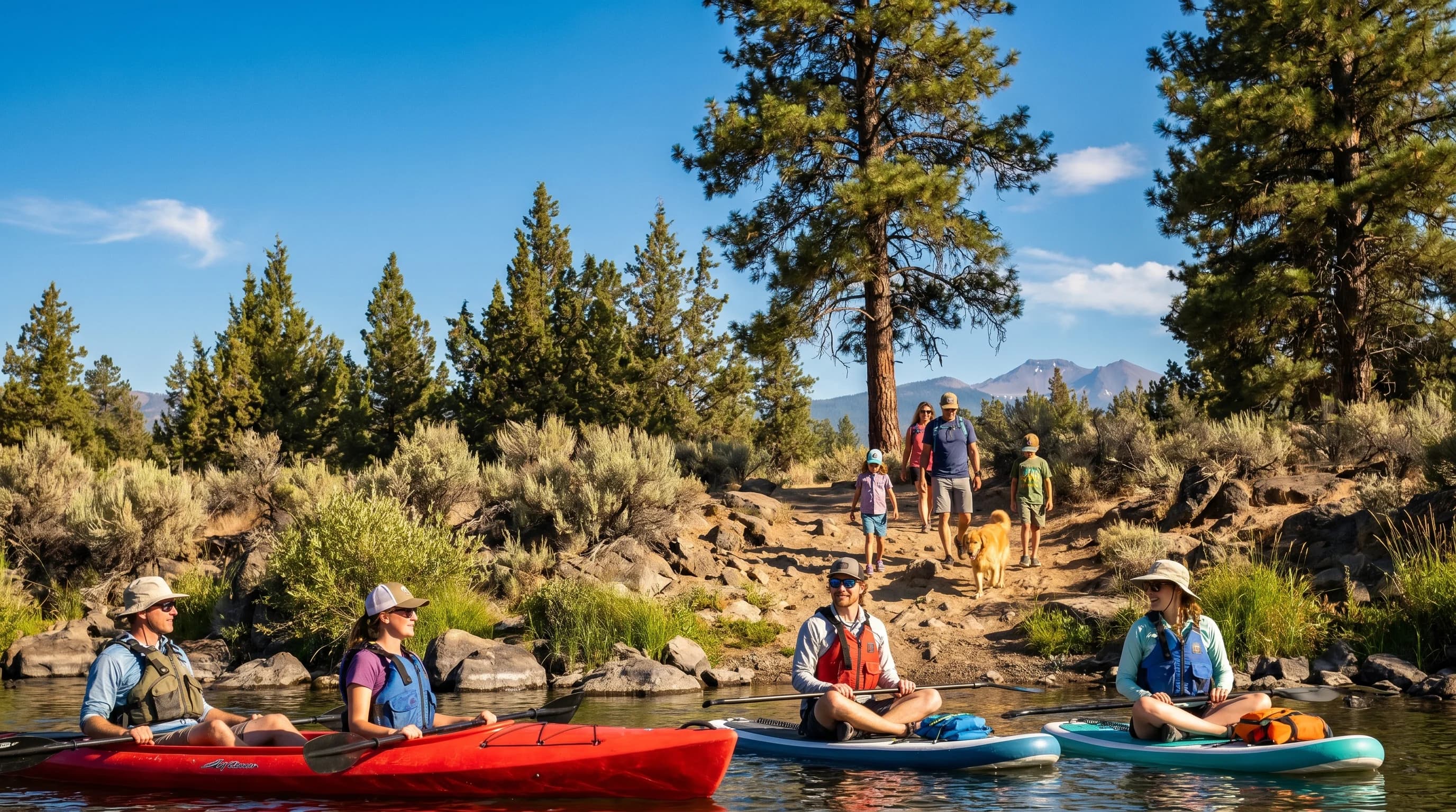 A hot sunny July day in Bend with people on the Deschutes River and blue sky