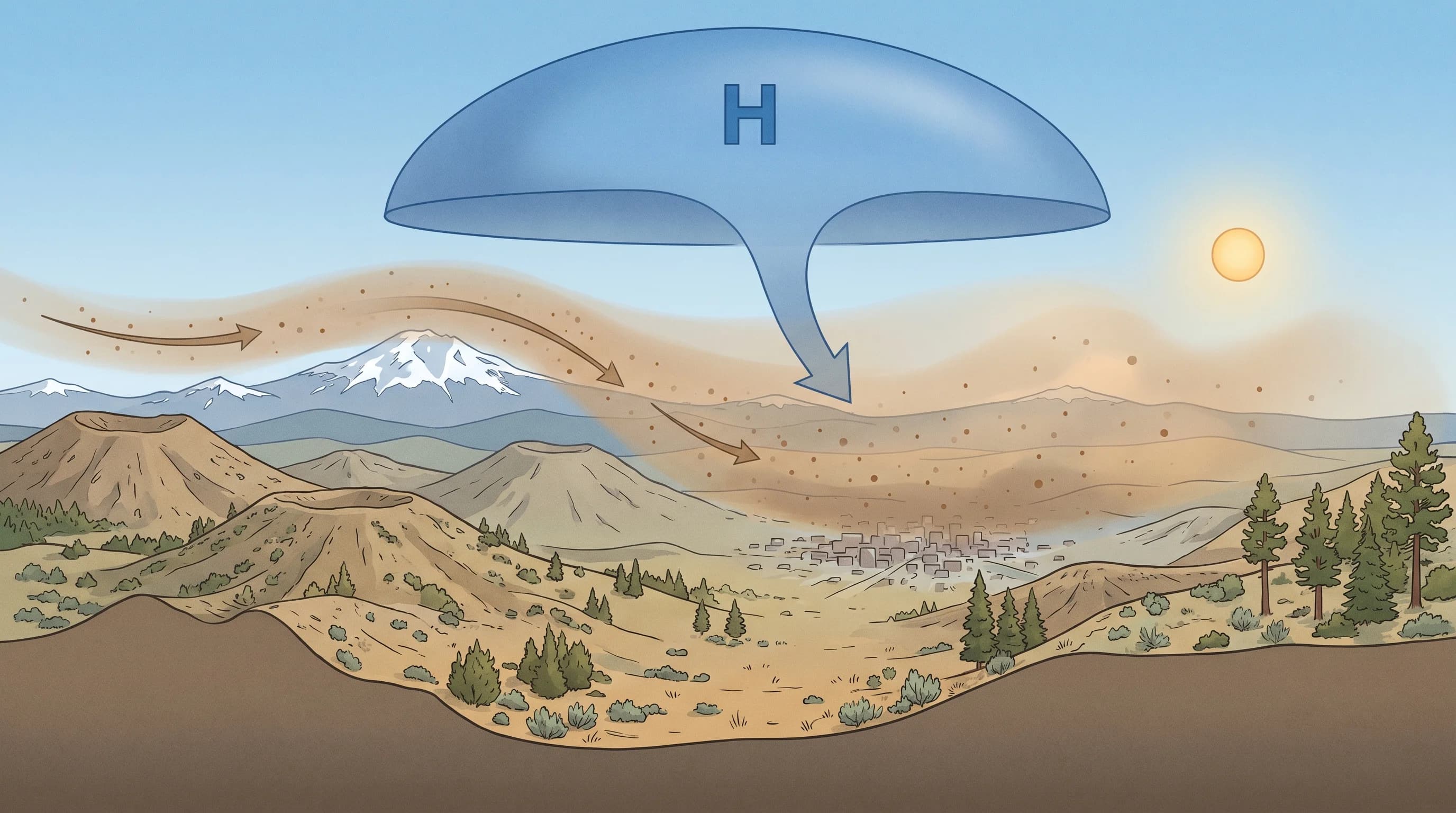 Diagram showing wildfire smoke drifting into the Bend area and settling under high pressure