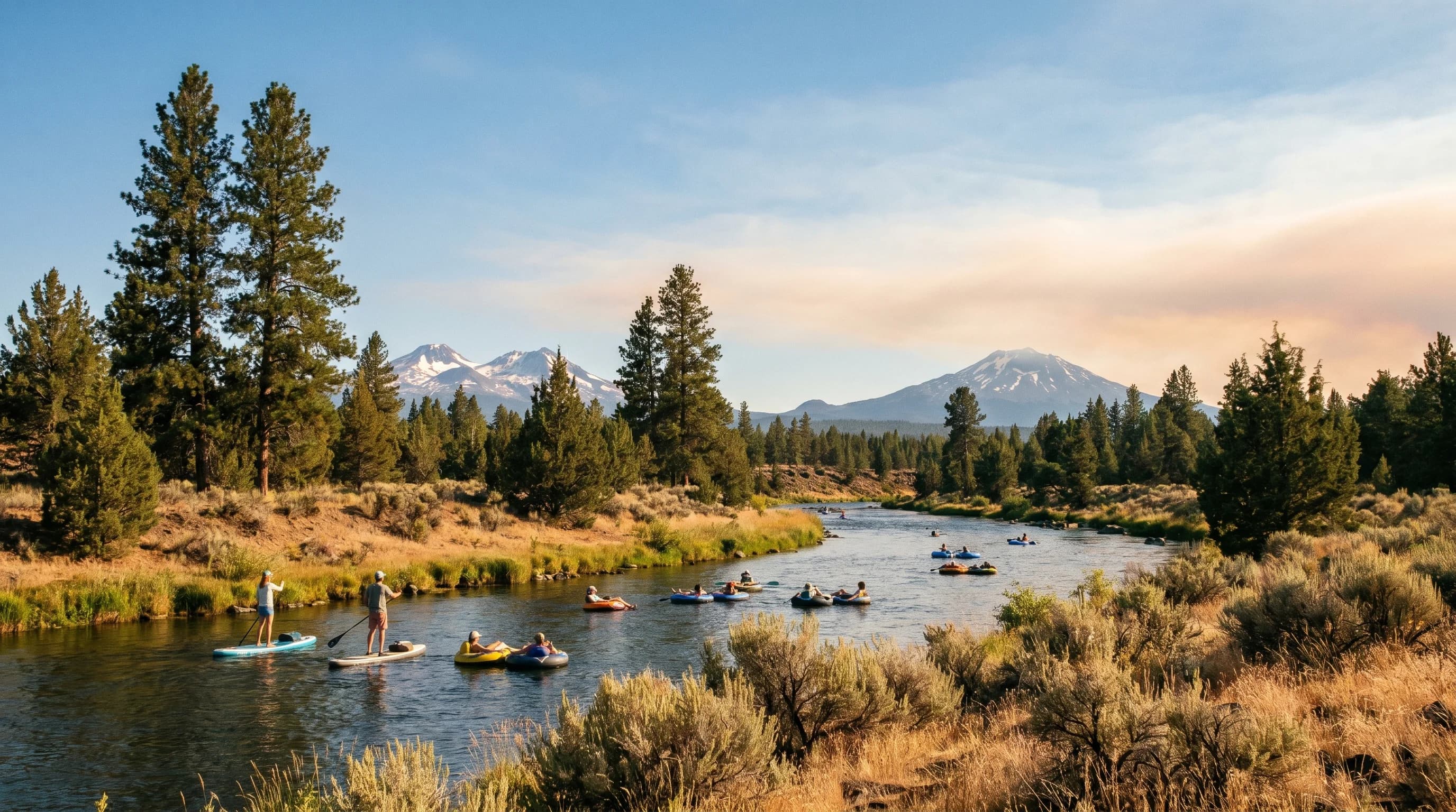 A hot sunny July day in Bend with people on the Deschutes River and blue sky