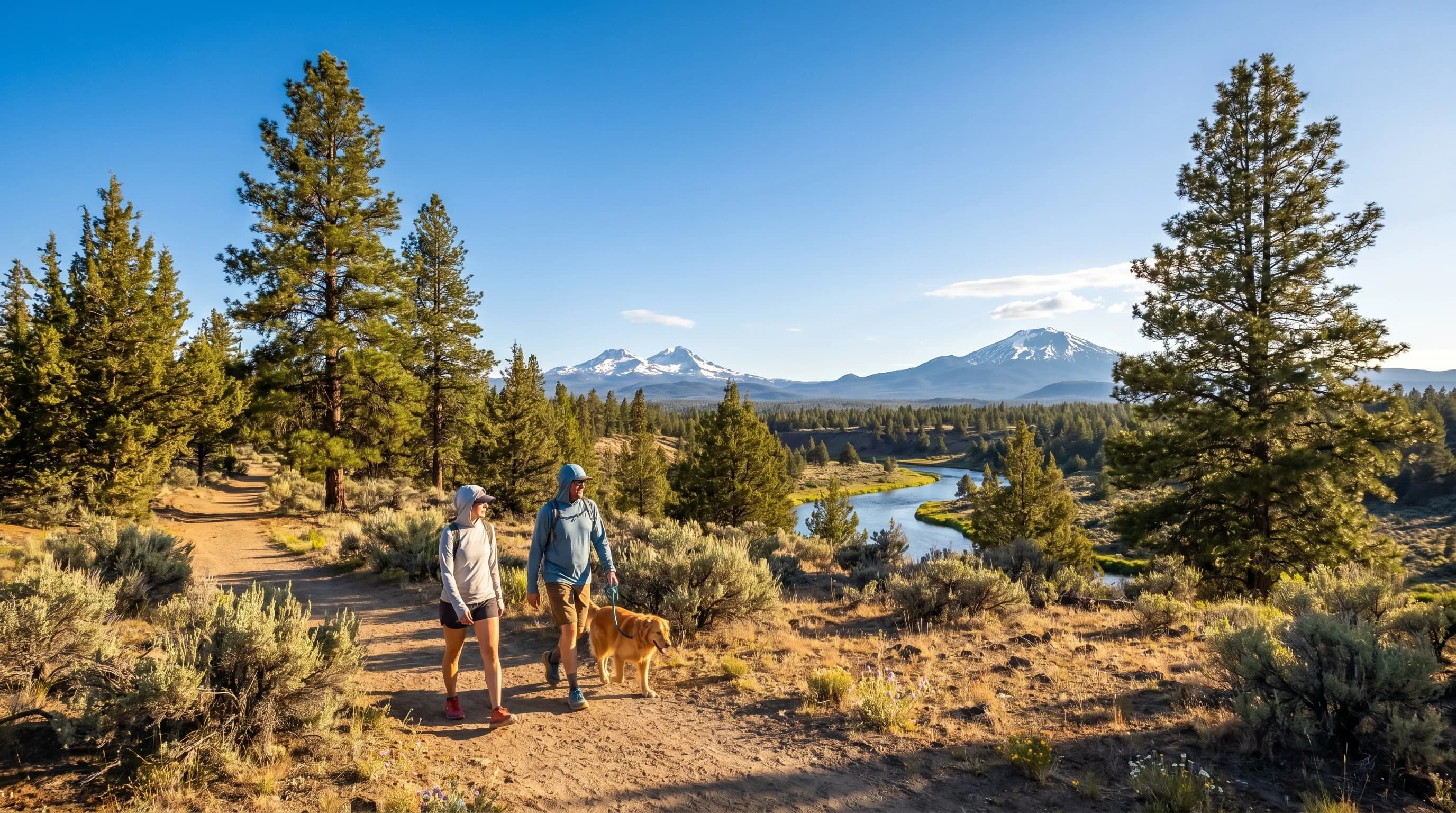 A bright June afternoon in Bend with green forest, blue sky, and snow-capped Cascades