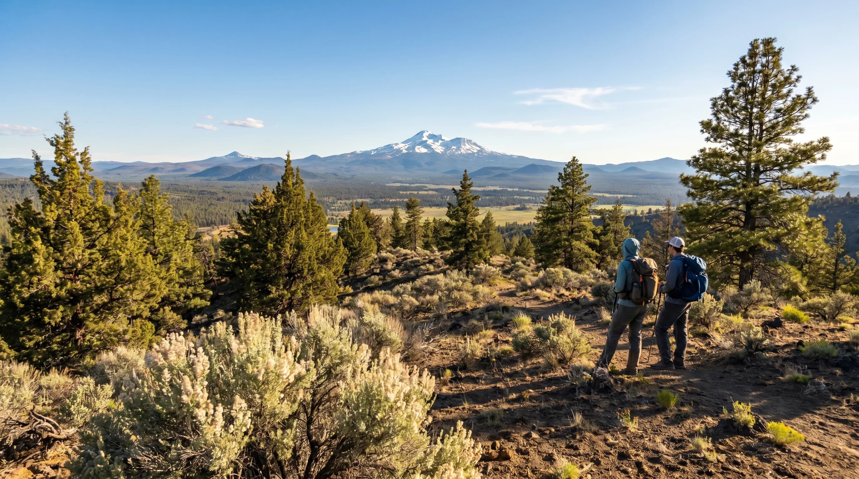 A bright June afternoon in Bend with green forest, blue sky, and snow-capped Cascades