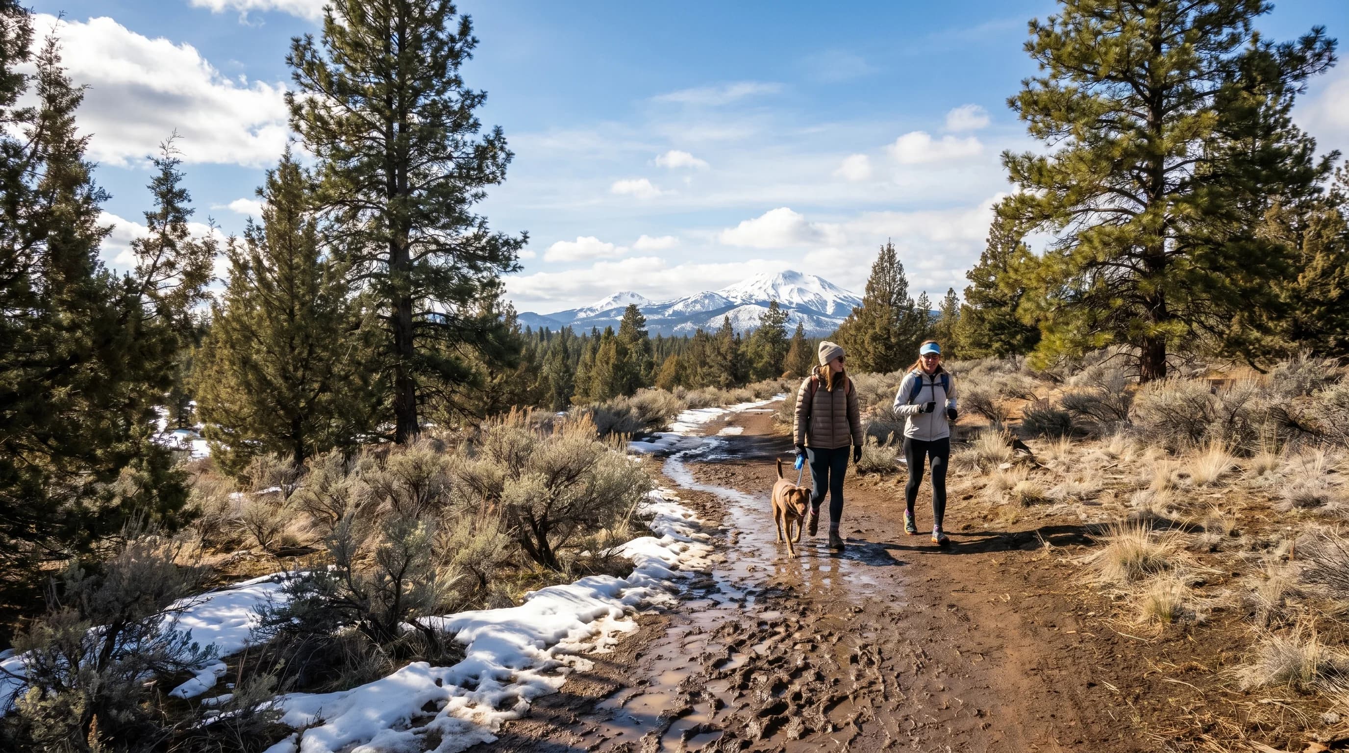 A March day in Bend with patchy melting snow, a muddy trail, and bright spring sun