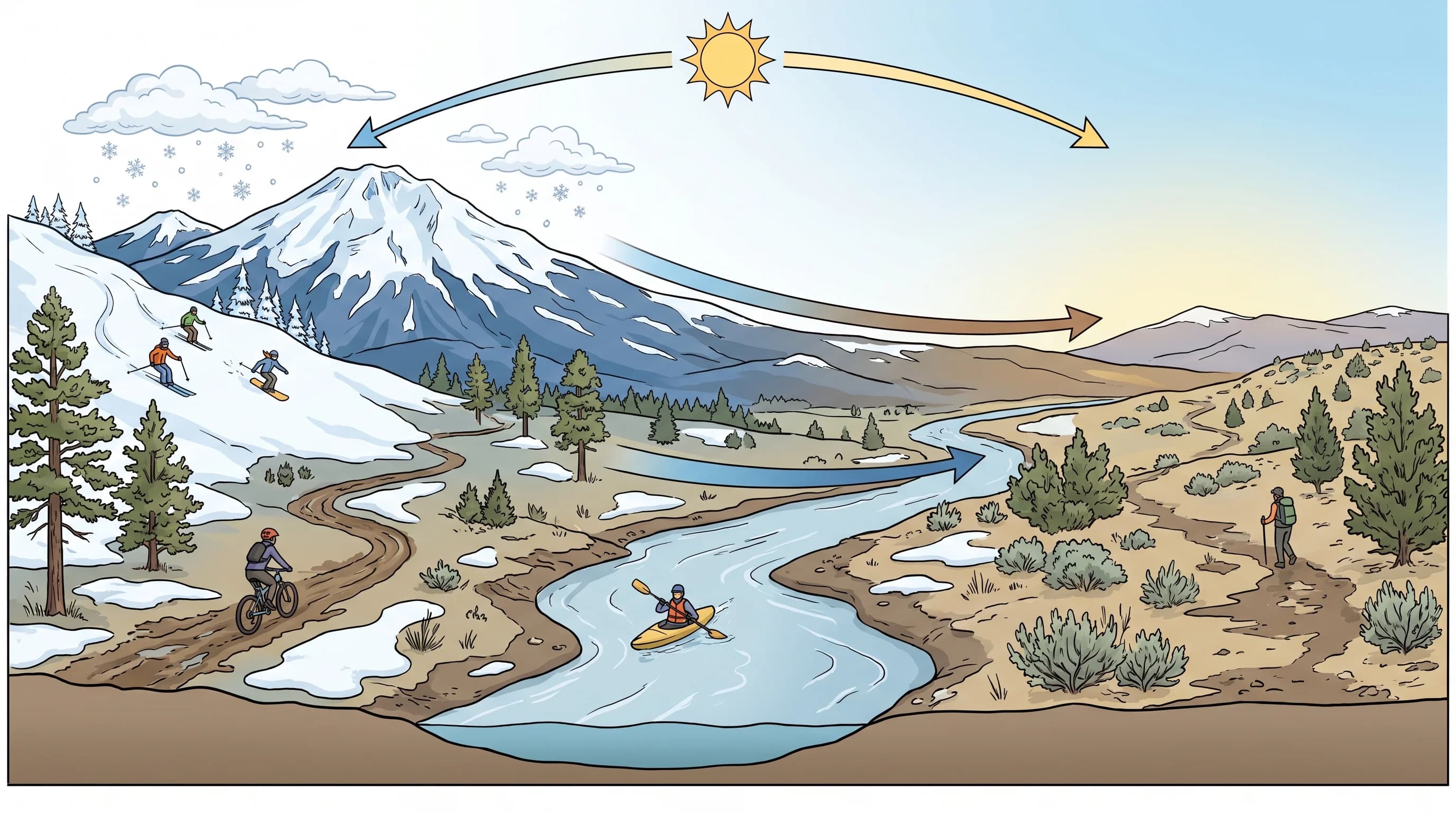 Diagram of Bend's March transition with melting valley snow, mountain snow, and lengthening days