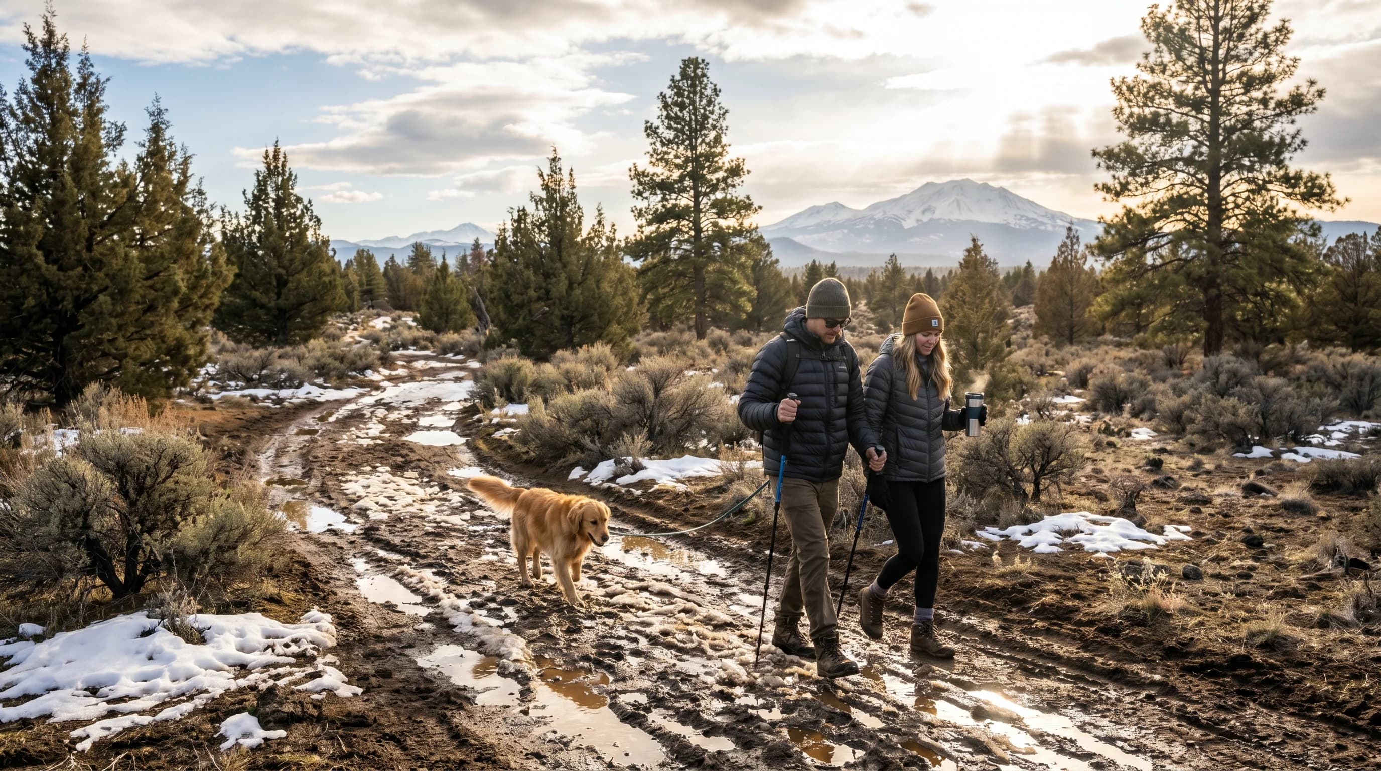 A March day in Bend with patchy melting snow, a muddy trail, and bright spring sun