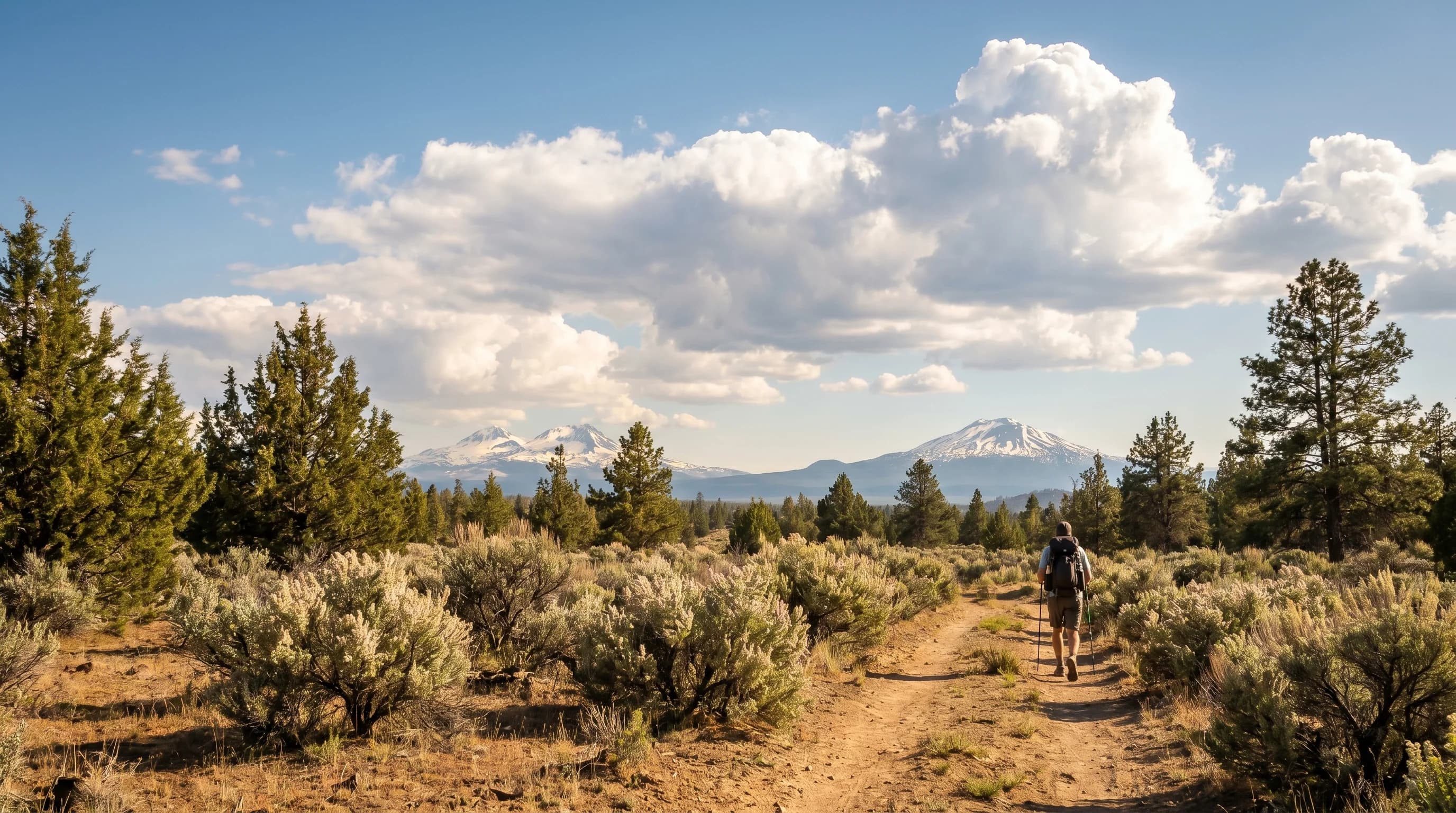 A warm sunny May afternoon in Bend with dry trails, green growth, and building clouds