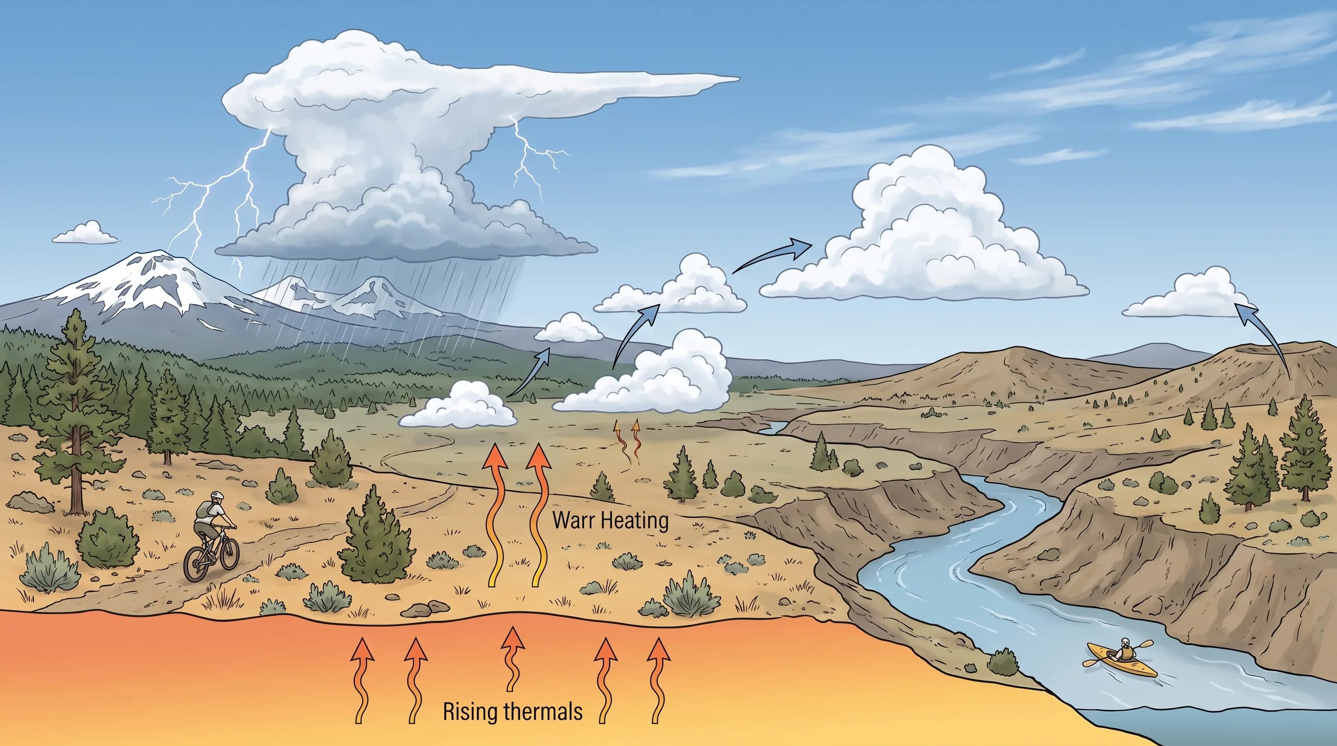 Diagram of a May afternoon in Bend with surface heating, building cumulus, and a thunderstorm over the Cascades