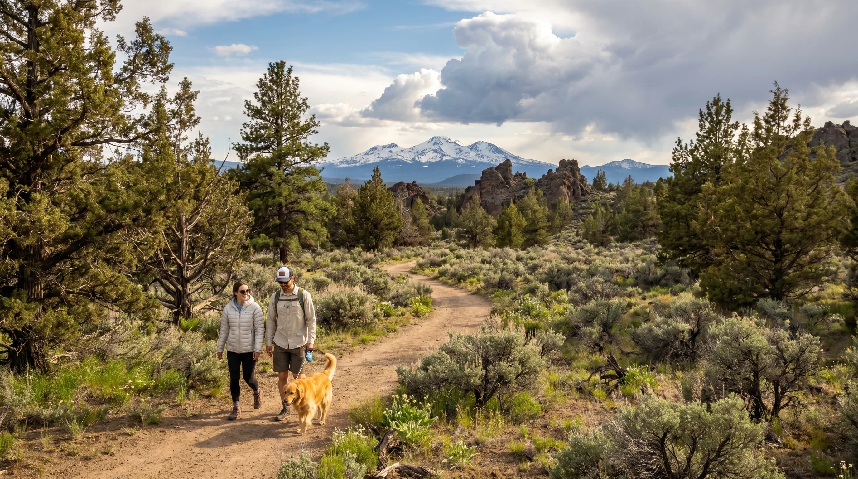 A warm sunny May afternoon in Bend with dry trails, green growth, and building clouds