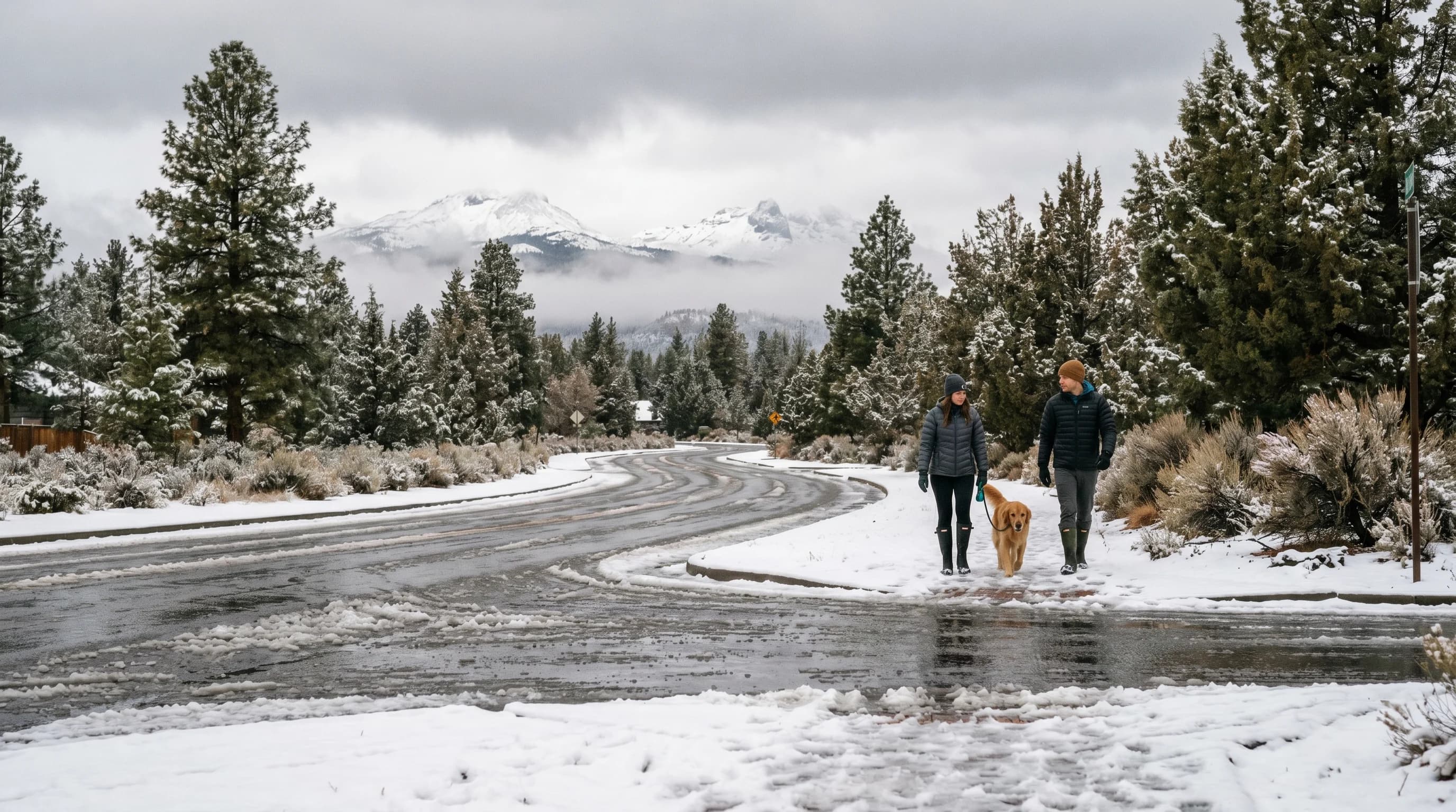 A gray, cold November day in Bend with wet streets and the first snow on the ground