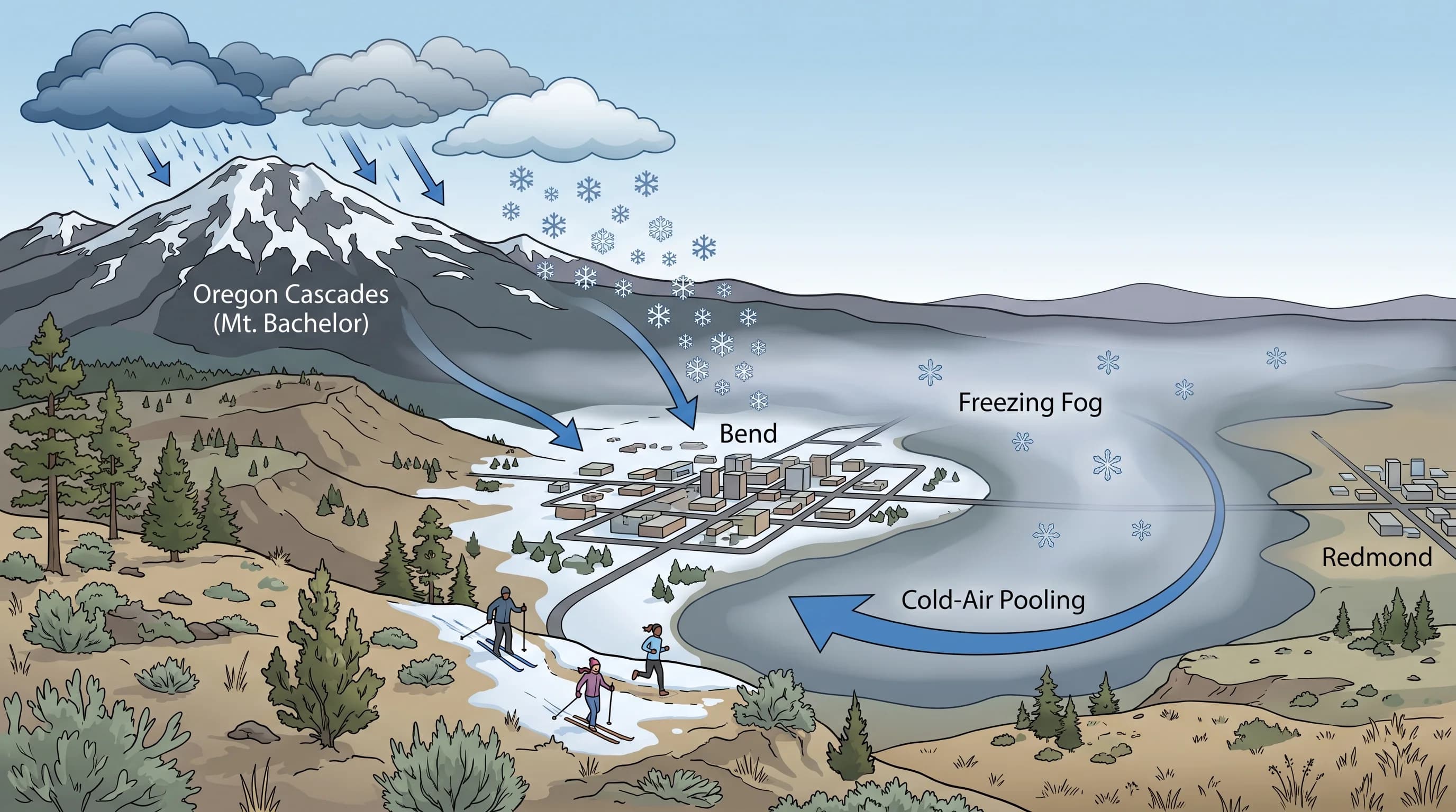 Diagram of November in Bend with storms, town snow, cold-air pooling, and freezing fog