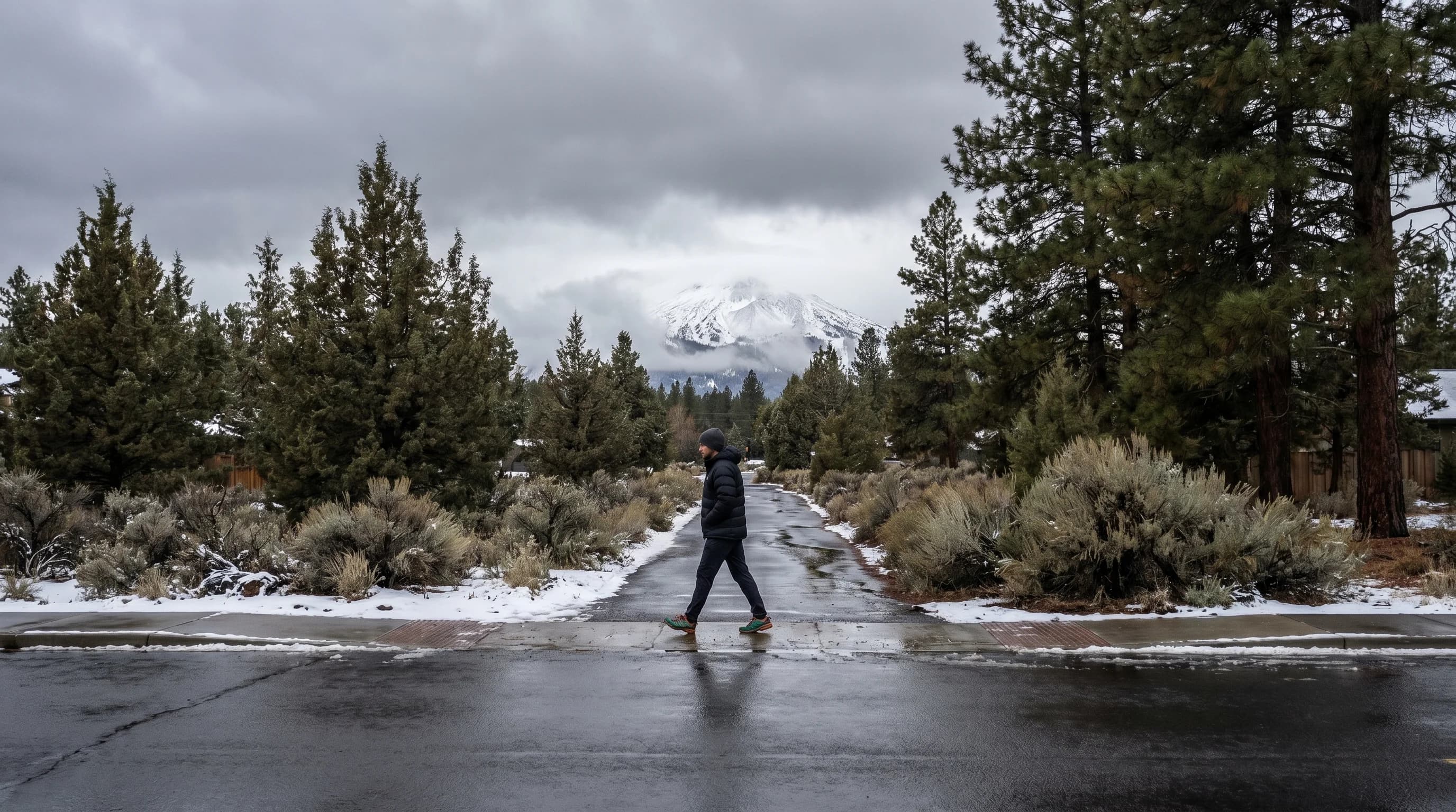 A gray, cold November day in Bend with wet streets and the first snow on the ground