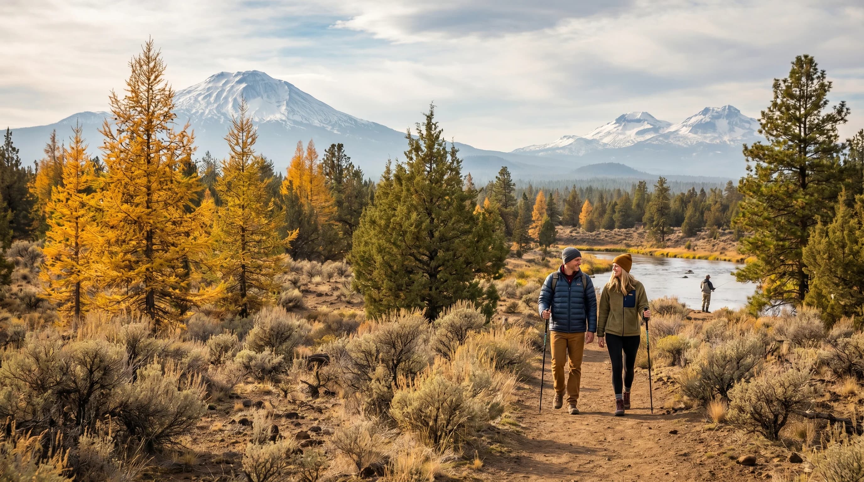 A crisp October day in Bend with golden larches and the first snow on the Cascades