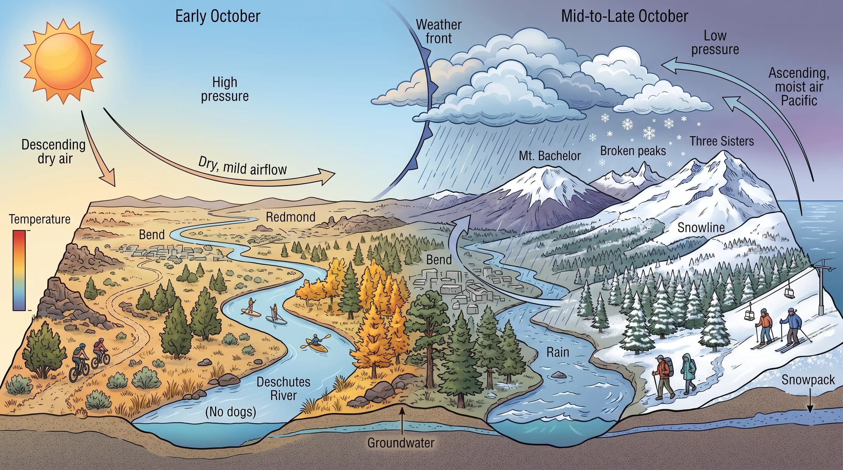 Diagram of October's shift from mild dry weather to the first storms and mountain snow
