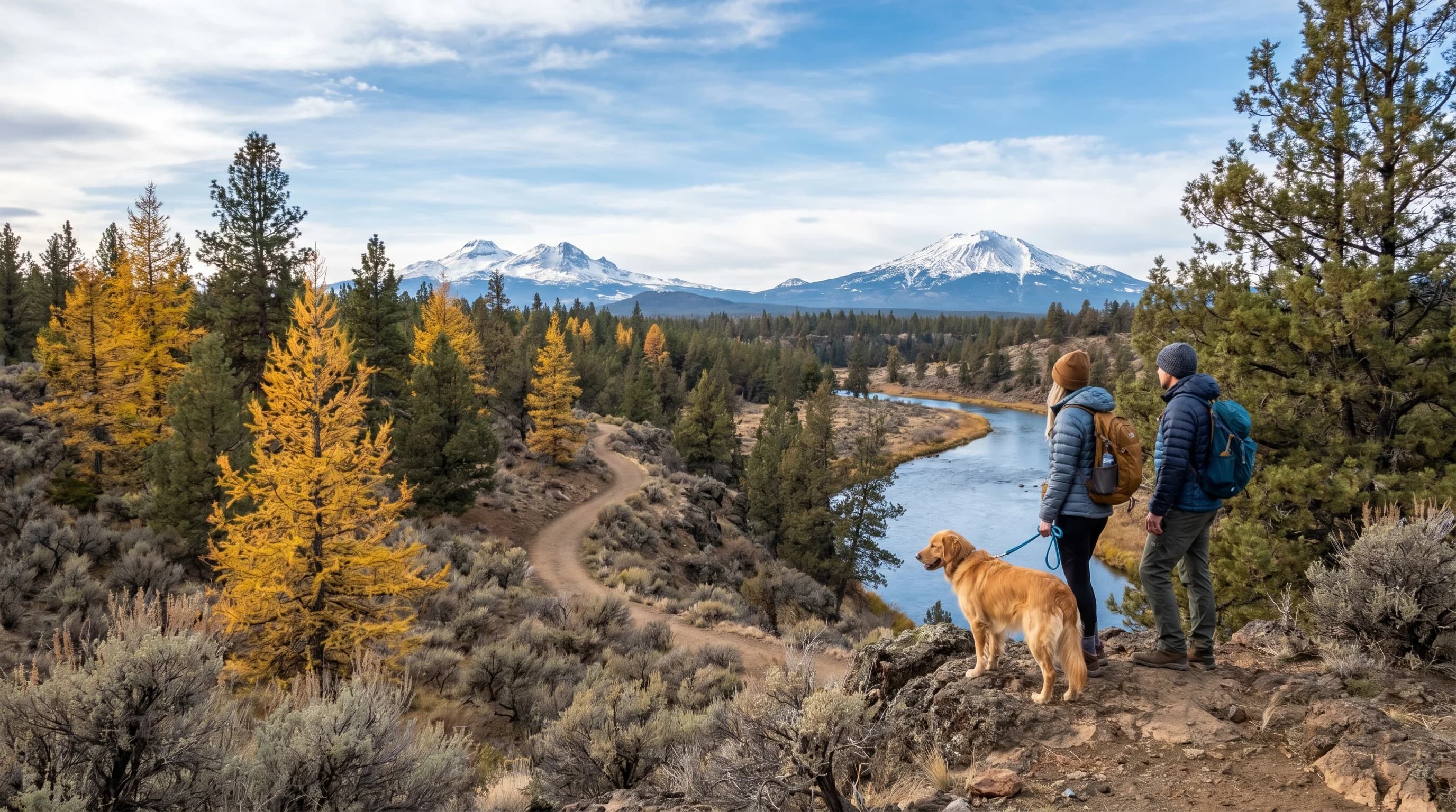 A crisp October day in Bend with golden larches and the first snow on the Cascades
