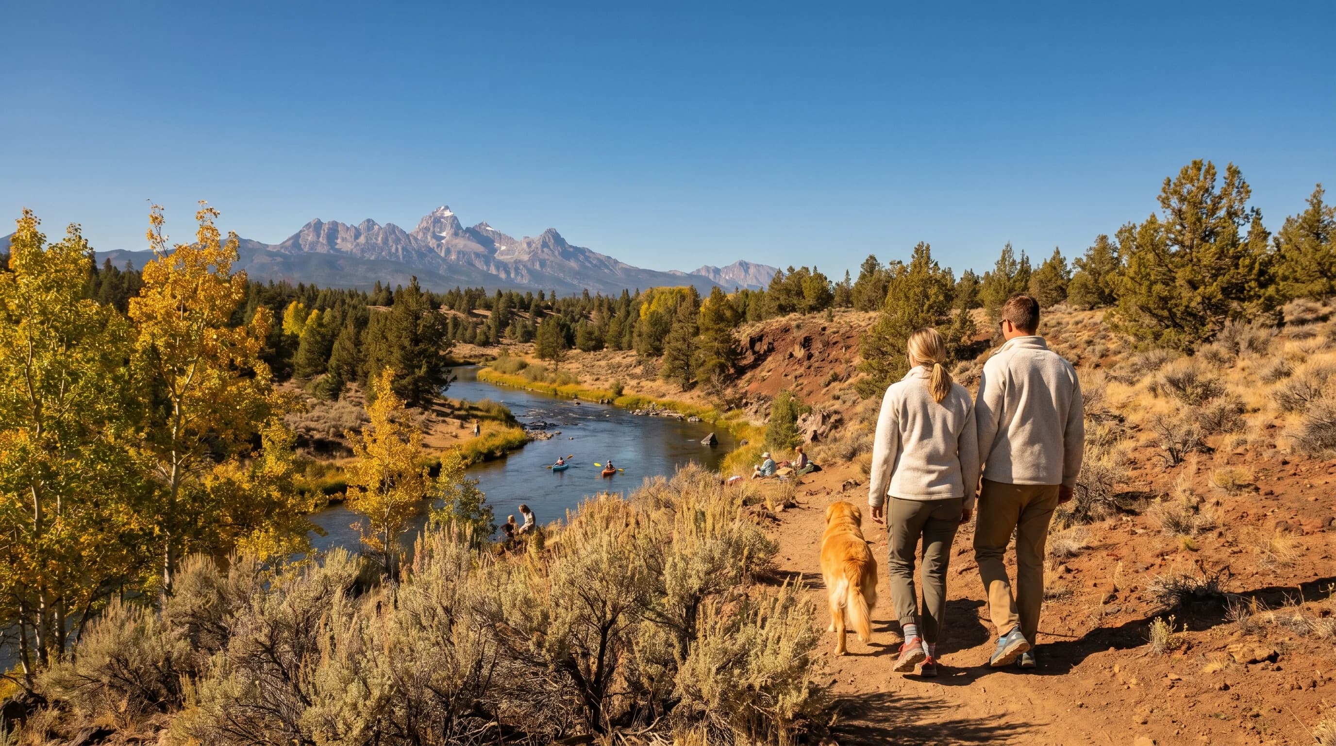 A warm clear September afternoon in Bend with early fall color and snow-free Cascades