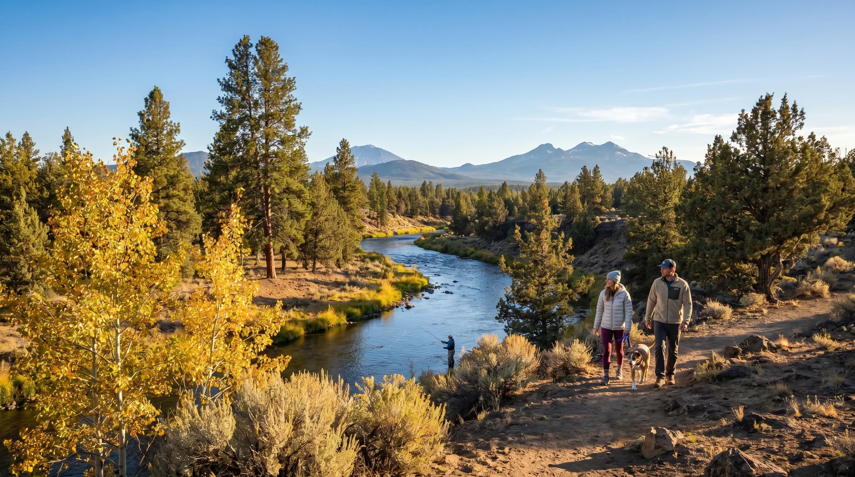 A warm clear September afternoon in Bend with early fall color and snow-free Cascades