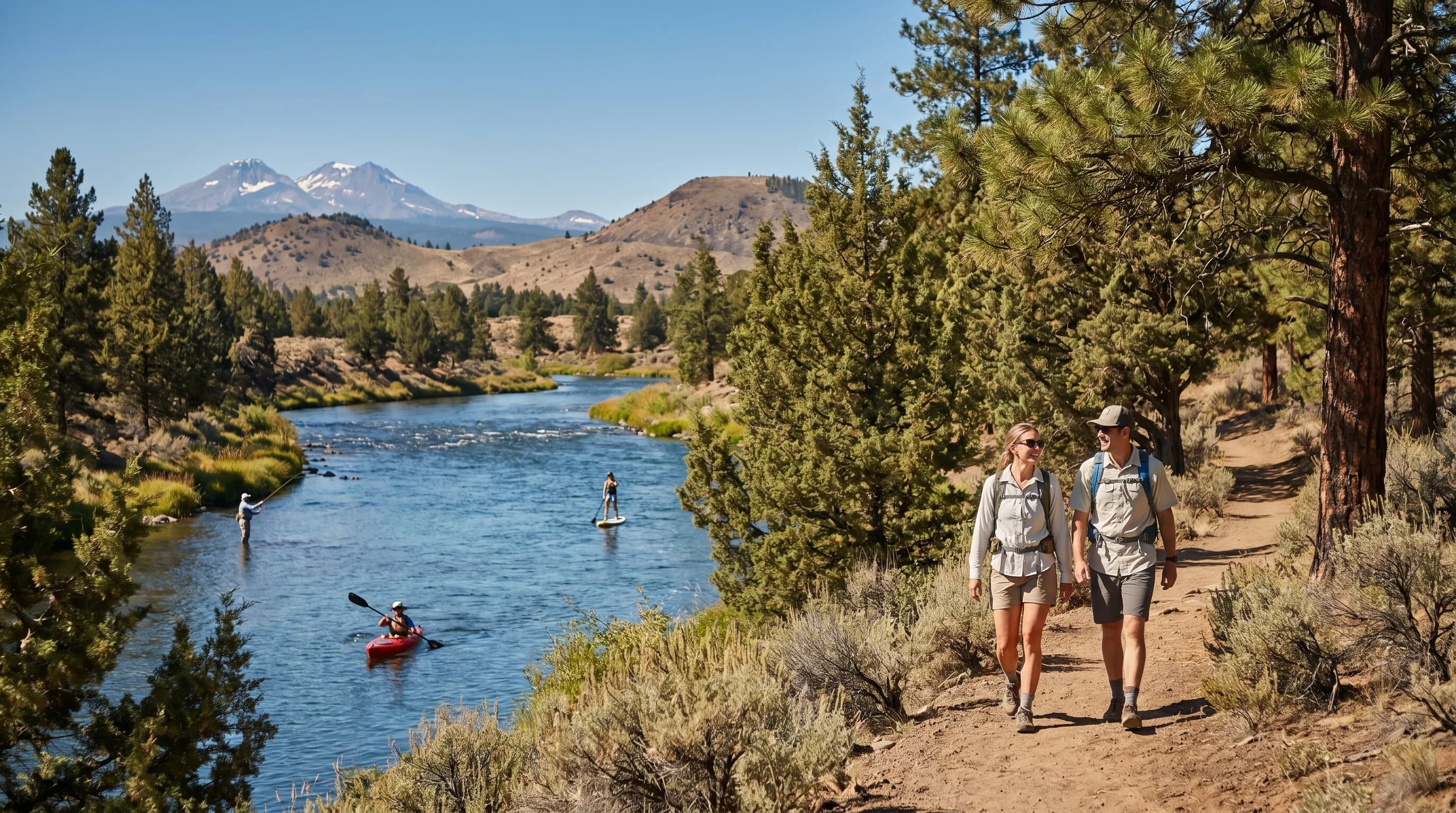 A clear warm early-September day on the Deschutes River in Bend with people enjoying the trails